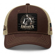Brown Mesh Cap Abraham Lincoln Guitar 1776-2026 Anniversary Leather Patch Patriotic Hat