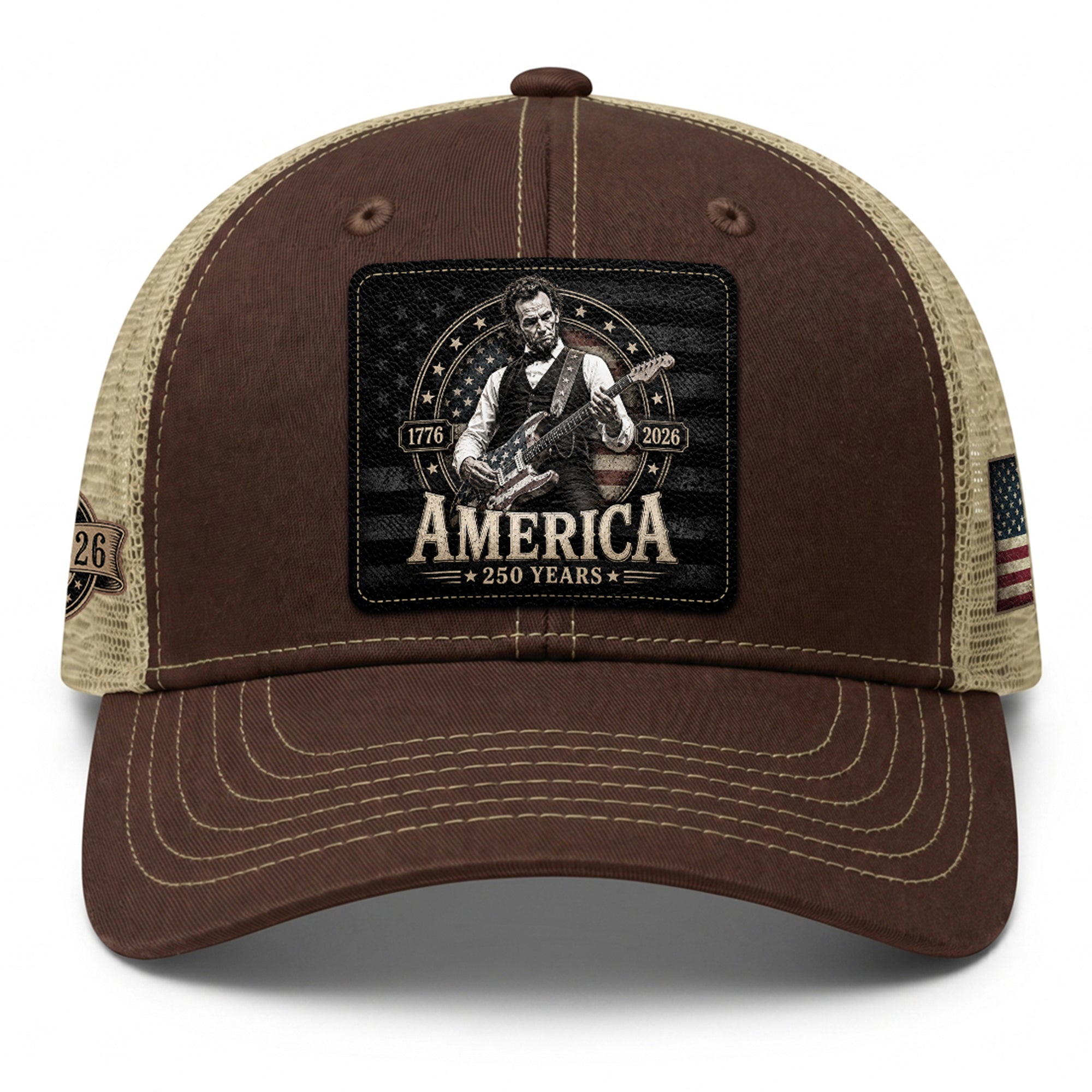 Brown Mesh Cap Abraham Lincoln Guitar 1776-2026 Anniversary Leather Patch Patriotic Hat