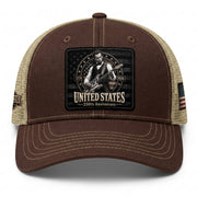 Brown Mesh Cap Abraham Lincoln Guitar 1776-2026 Anniversary Leather Patch Patriotic Hat - Rust Field Wear