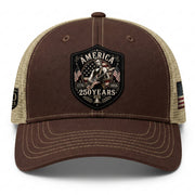 Historic Abraham Lincoln Guitar Leather Patch Cap Patriotic 1776-2026 Brown Mesh Trucker Hat