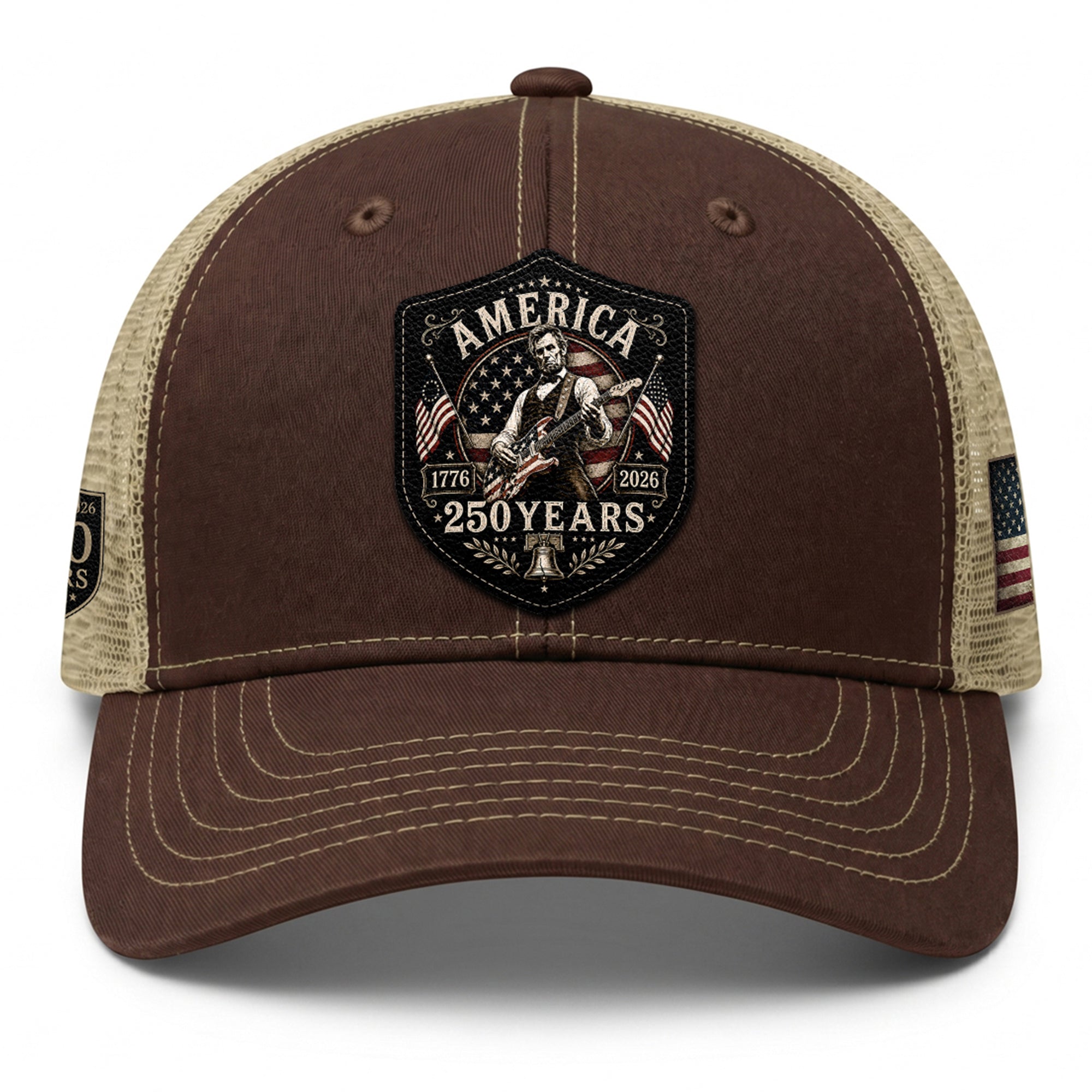 Historic Abraham Lincoln Guitar Leather Patch Cap Patriotic 1776-2026 Brown Mesh Trucker Hat