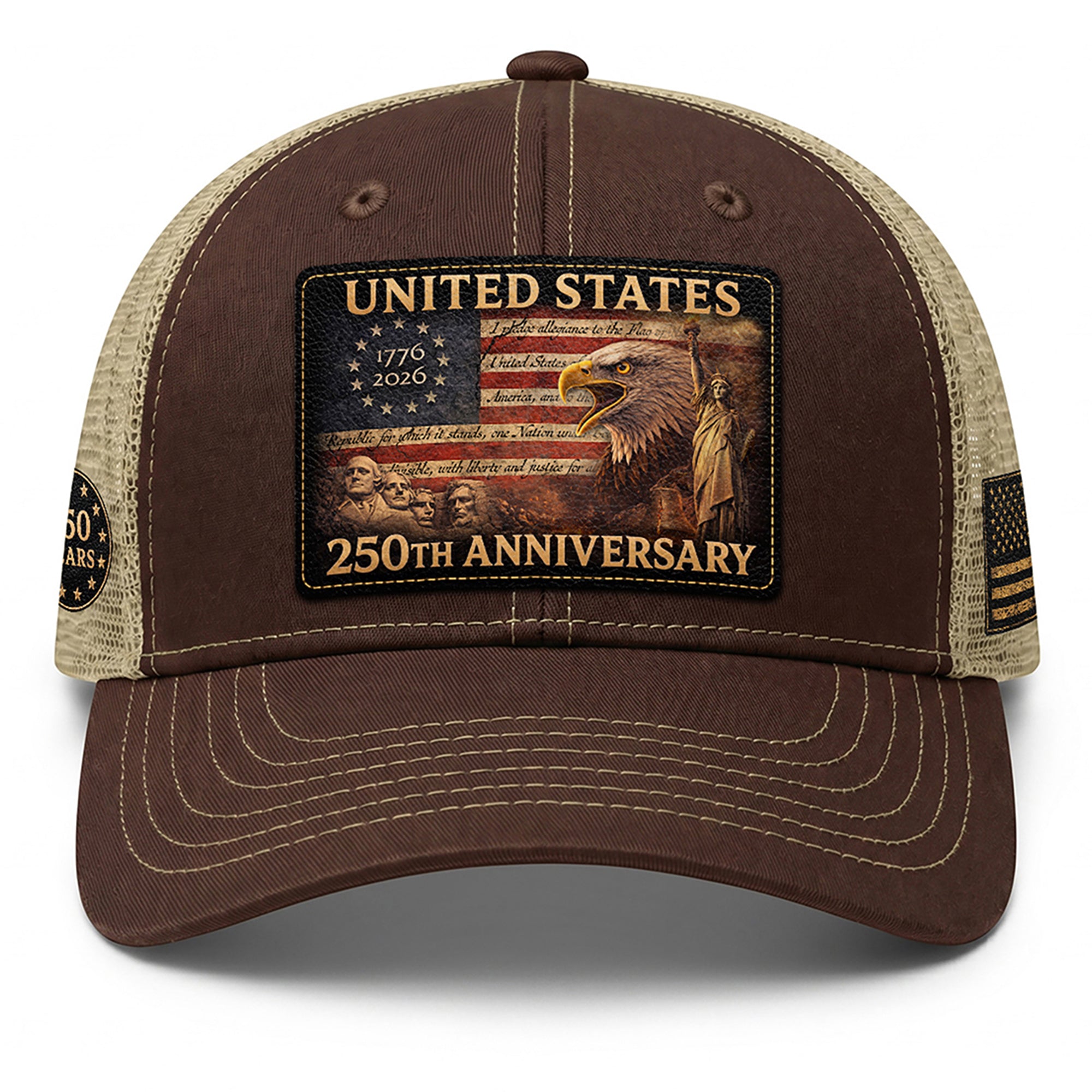 United States 250th Anniversary Leather Patch Hat Patriotic Eagle Mesh Trucker Cap