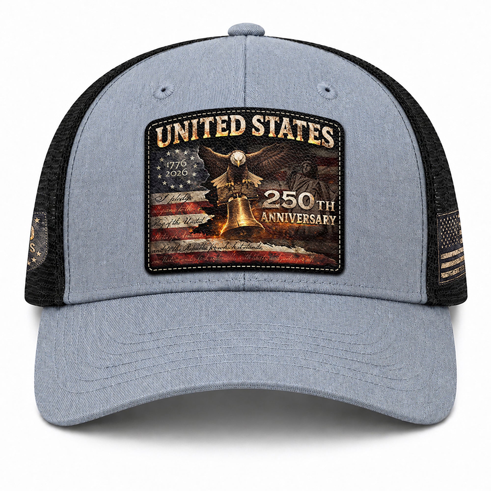 United States 250th Anniversary Leather Patch Hat Patriotic Eagle Bell Mesh Cap