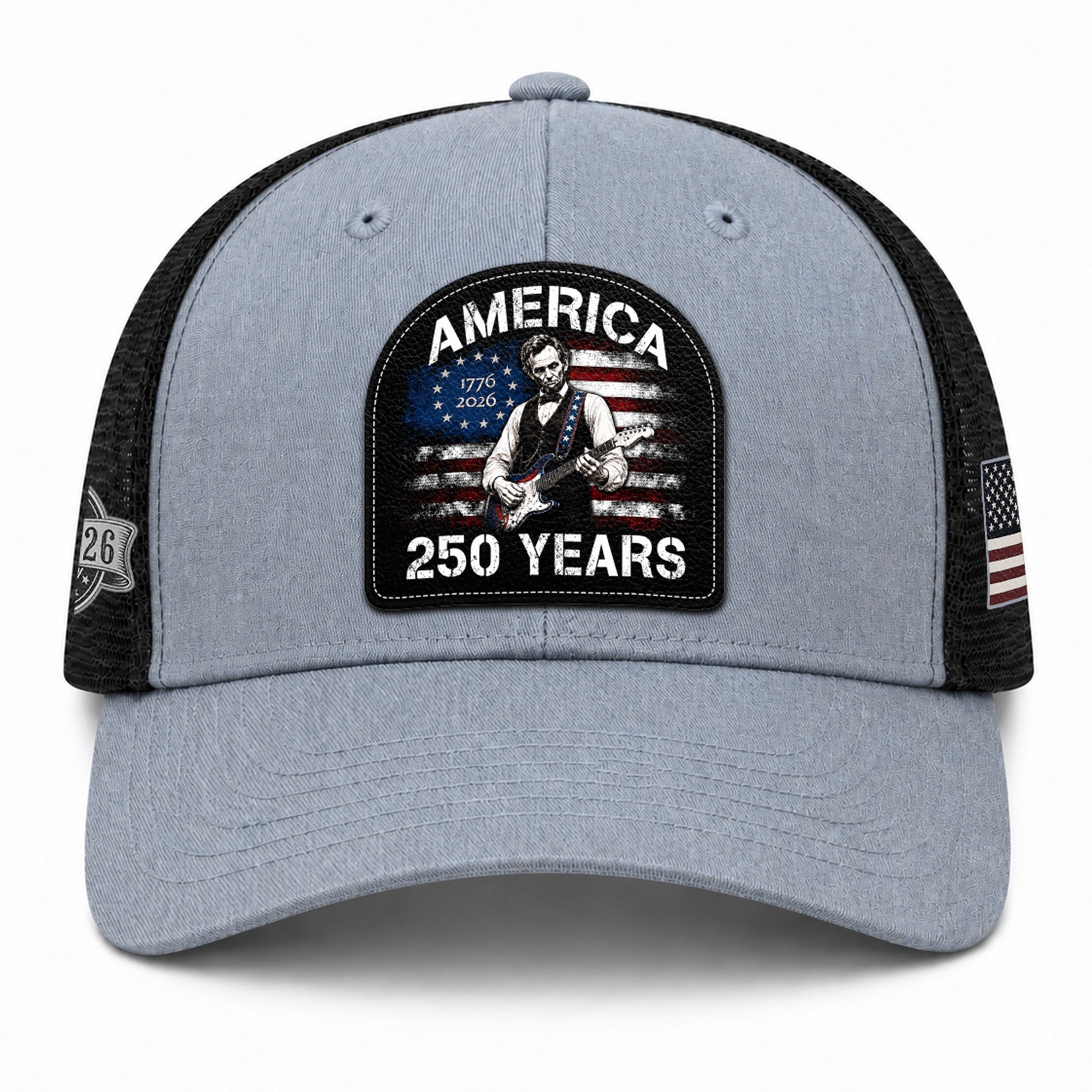 Lincoln Guitar Patch Hat America 250 Years 1776-2026 Patriotic Trucker Cap Mesh Back