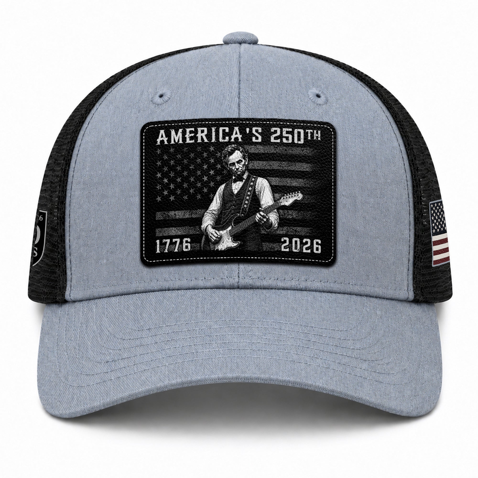 Grey Lincoln Guitar Anniversary Hat 1776-2026 Patriotic Trucker Cap - Iconic Design