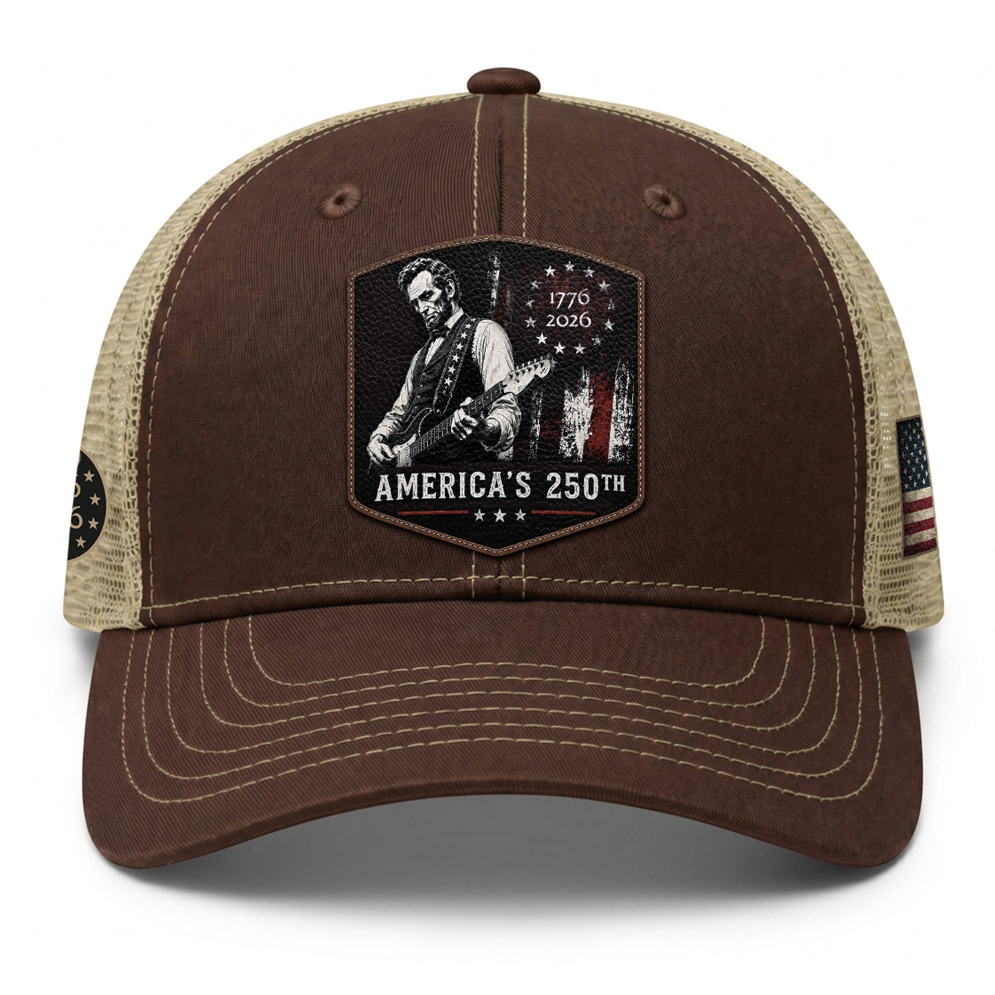 Lincoln Guitar 250th Anniversary Brown Hat 1776-2026 USA Patriotic Trucker Cap