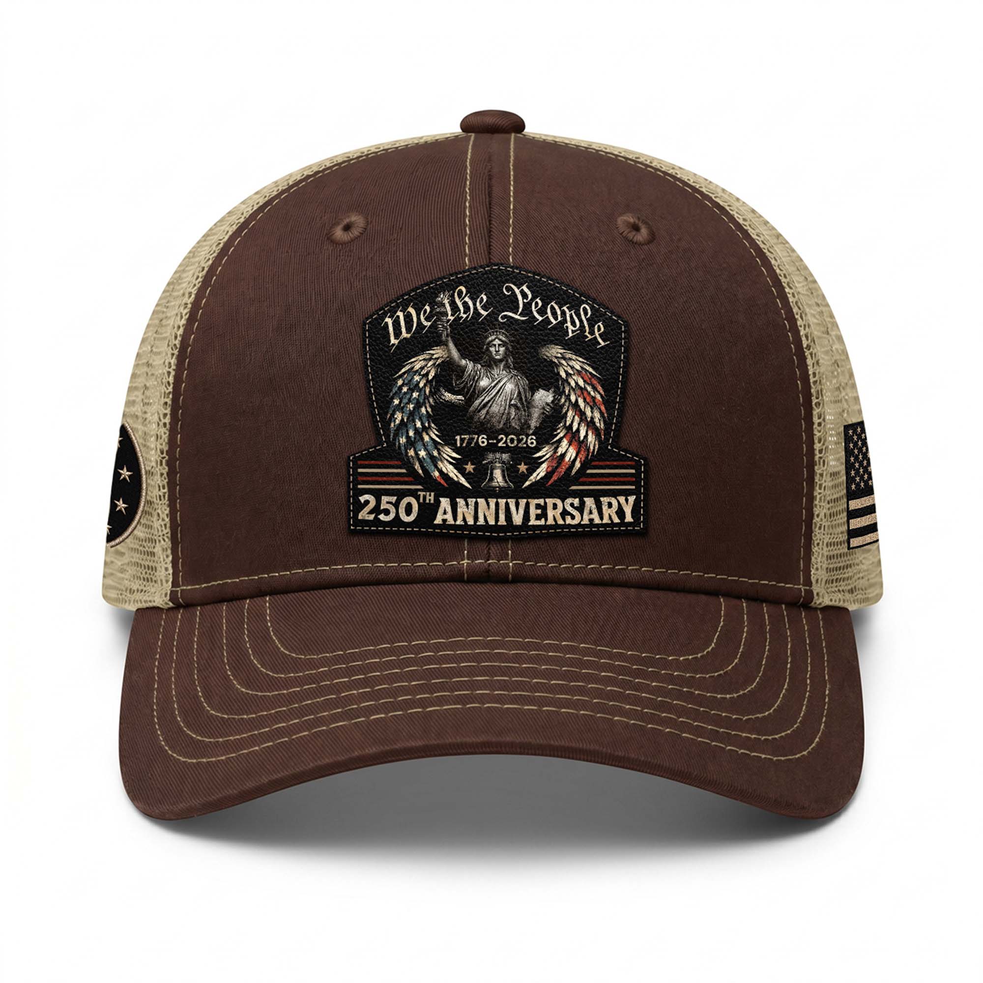 We The People Leather Patch Hat 250th Anniversary Trucker Cap Patriotic US Mesh Hat