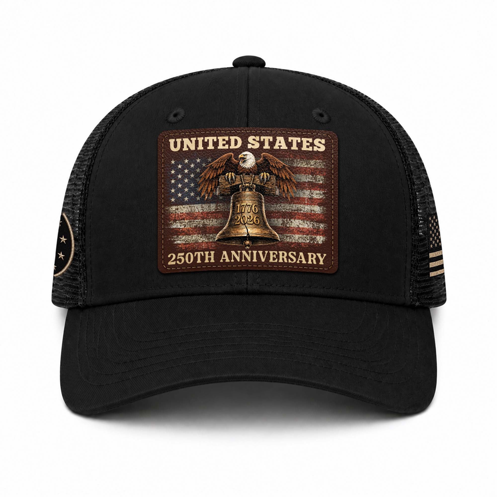 Patriotic Trucker Hat United States 250th Anniversary American Eagle Leather Patch Cap
