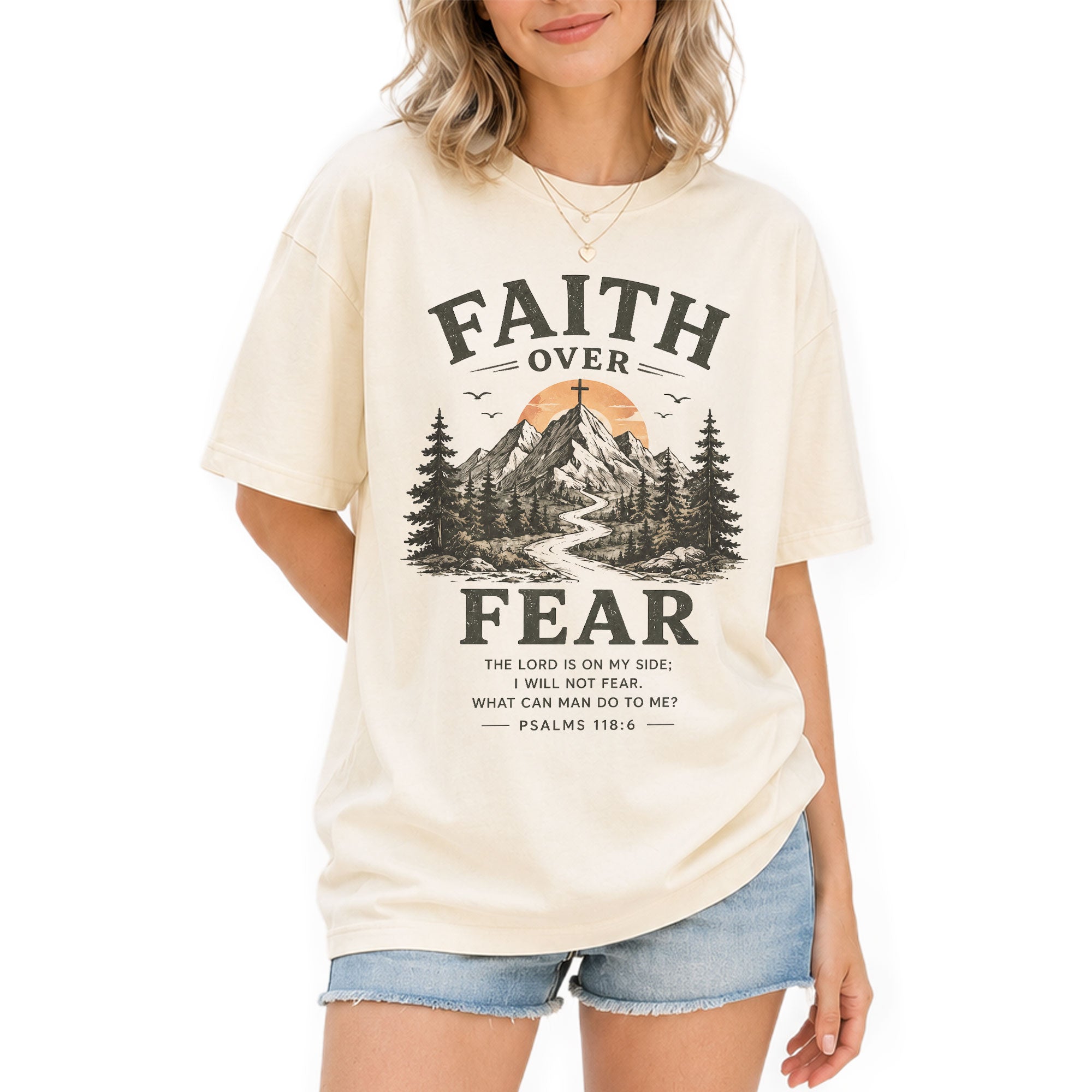 Faith Over Fear Christian Women Shirt Mountain Cross Graphic Inspirational Faith Tee