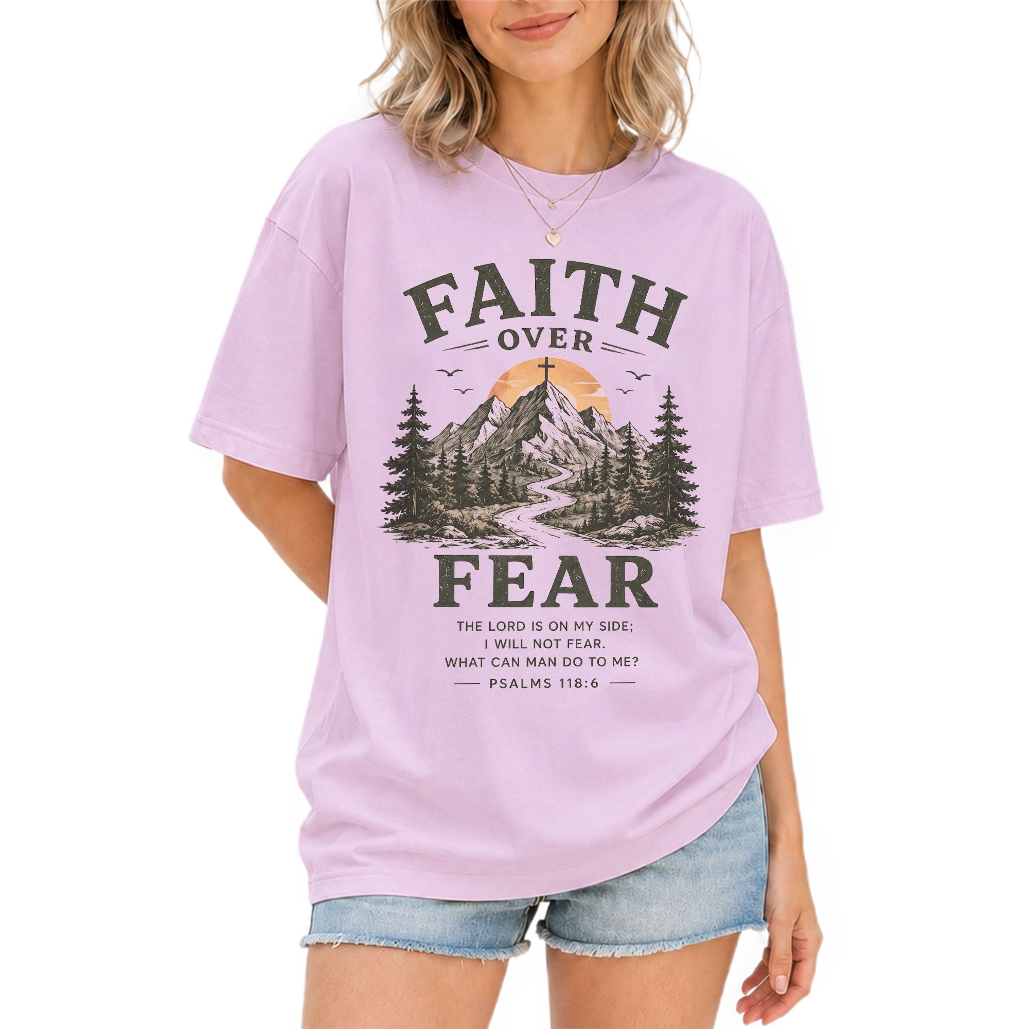 Faith Over Fear Christian Women Shirt Mountain Cross Graphic Inspirational Faith Tee