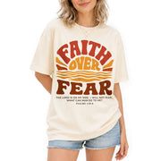 Faith Over Fear Christian Women Shirt Retro Sunset Graphic Inspirational Scripture Tee