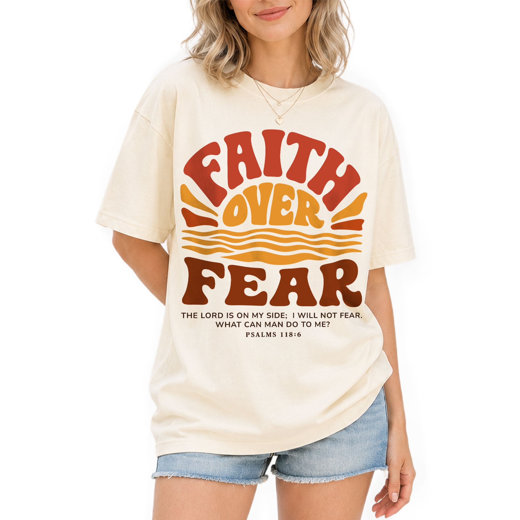 Faith Over Fear Christian Women Shirt Retro Sunset Graphic Inspirational Scripture Tee