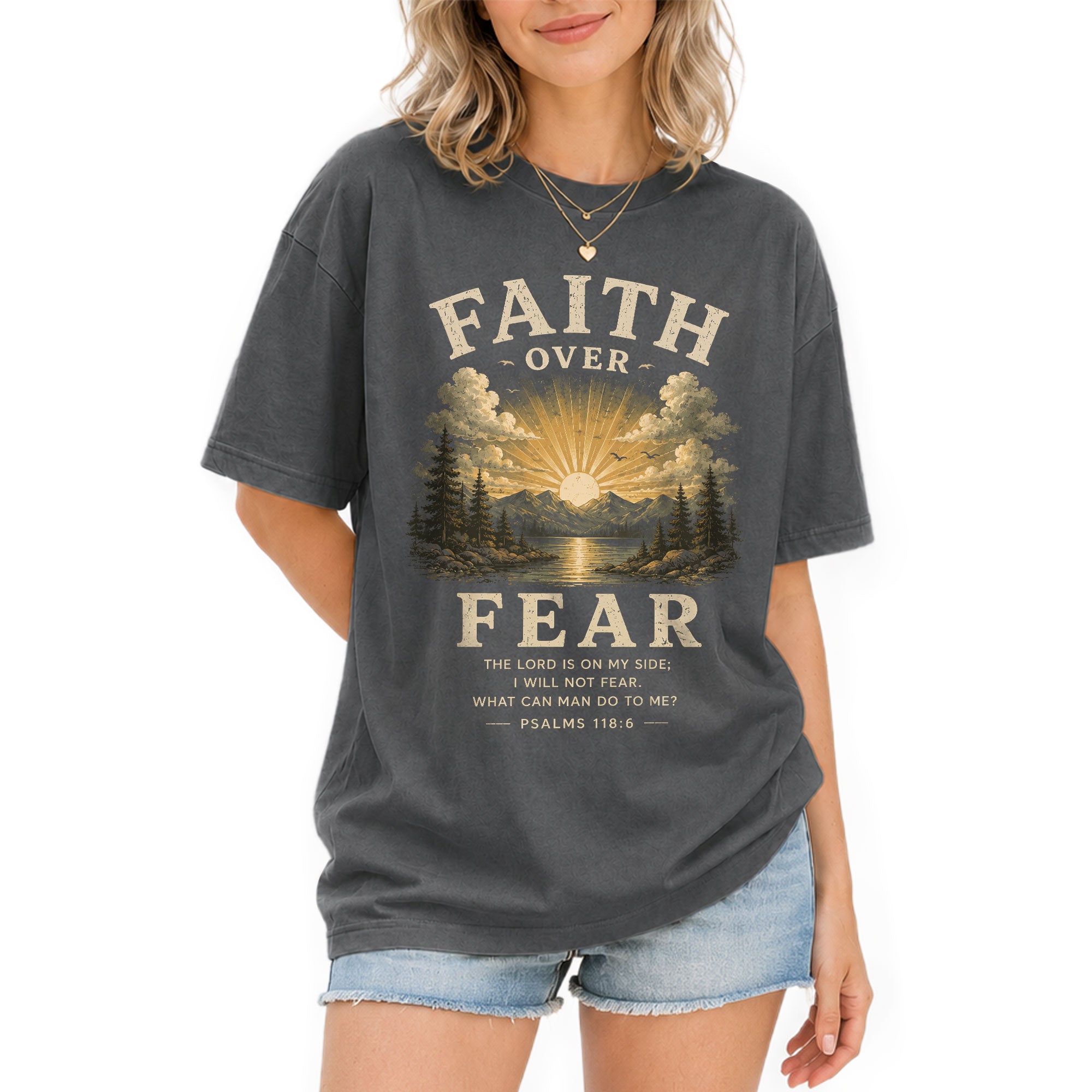Faith Over Fear Christian Women Shirt Vintage Mountain Sunset Bible Verse T-Shirt
