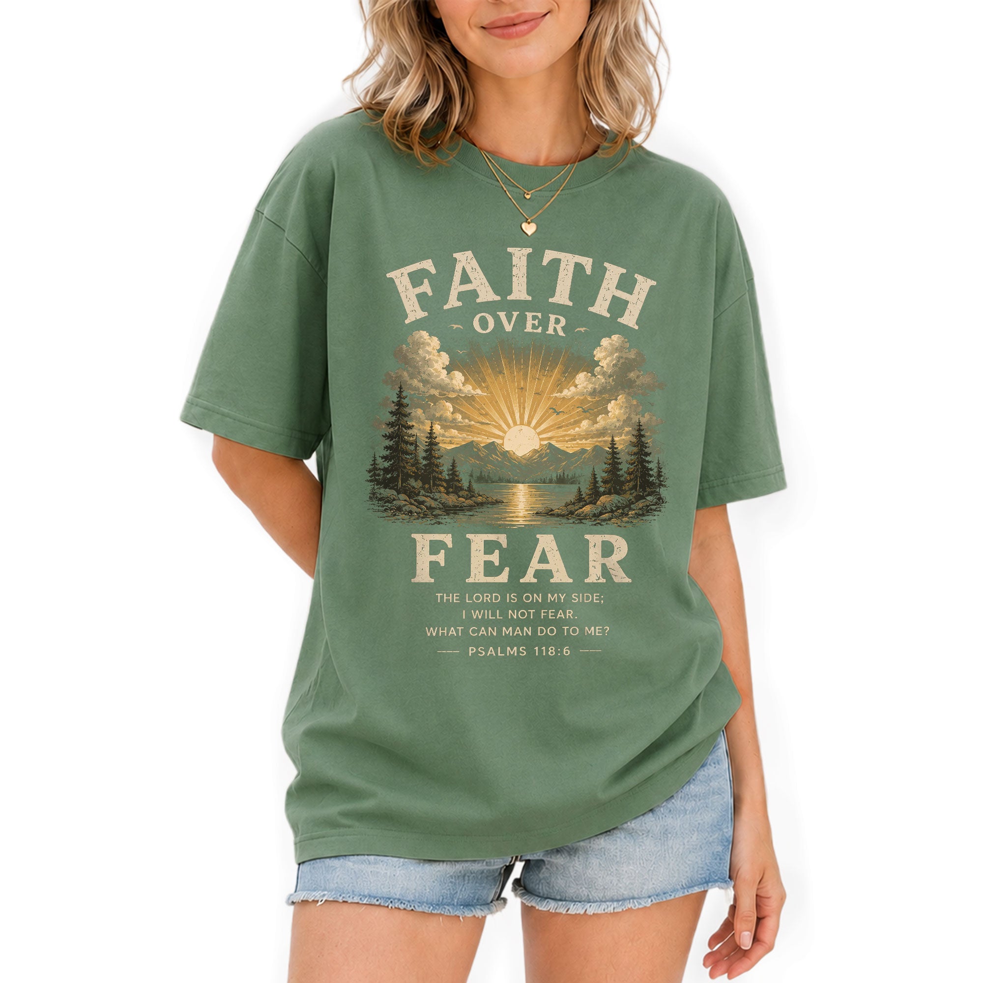 Faith Over Fear Christian Women Shirt Vintage Mountain Sunset Bible Verse T-Shirt - Rust Field Wear