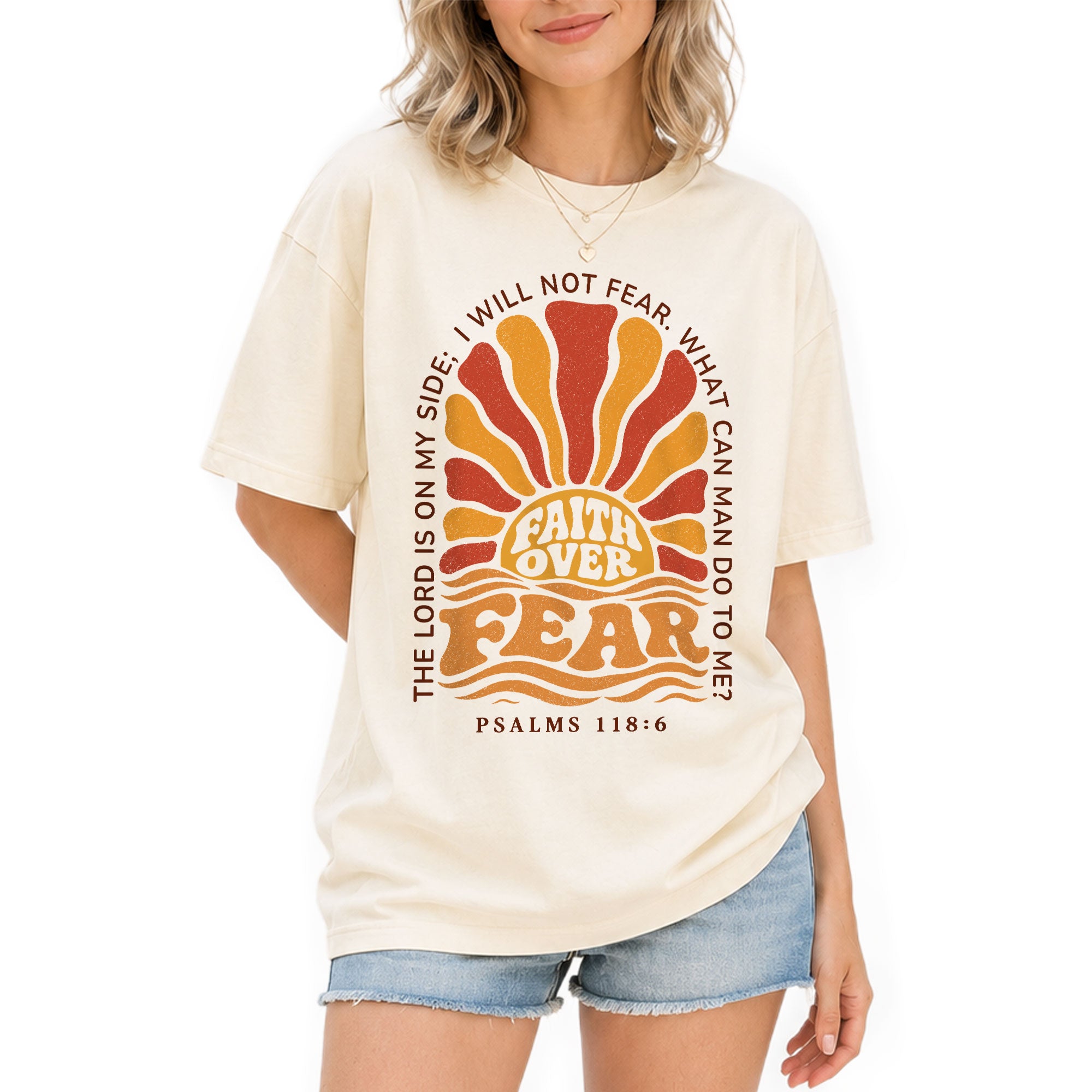 Faith Over Fear Christian Shirt Retro Sunburst Bible Verse Women T-Shirt Tee Gift - Rust Field Wear