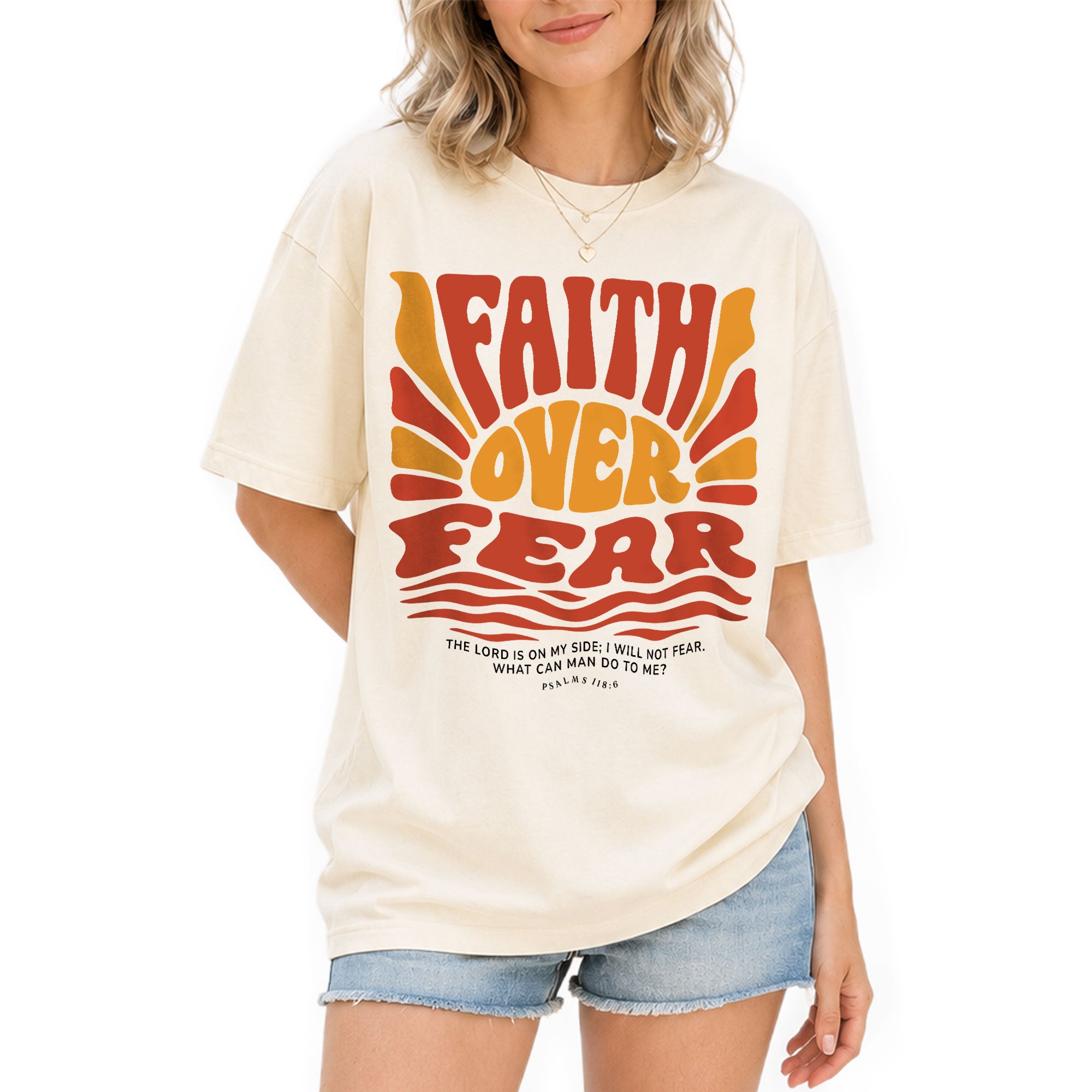 Faith Over Fear Christian Women Shirt Retro Wavy Font Graphic T-Shirt Psalms 118:6 - Rust Field Wear