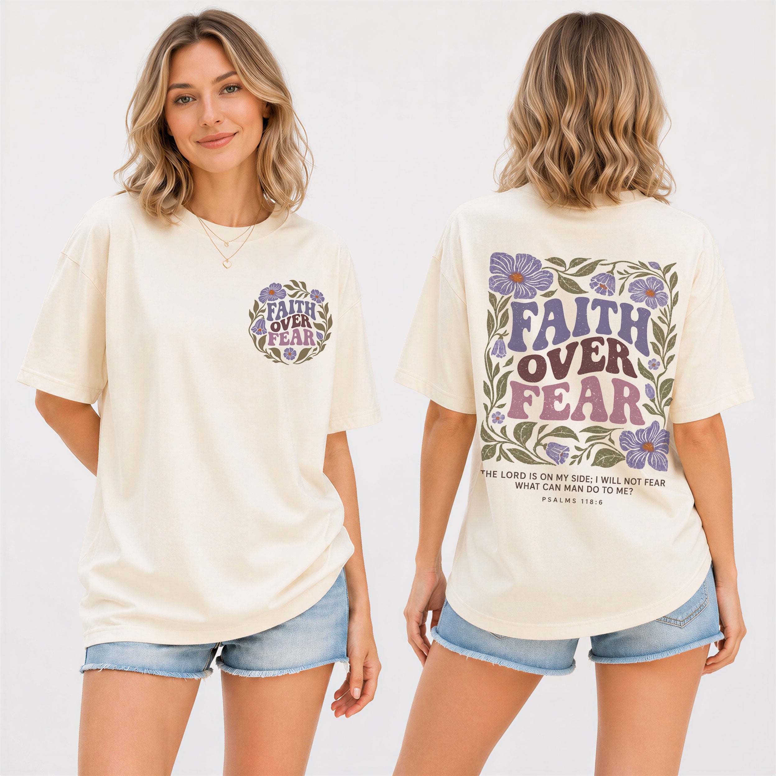 Faith Over Fear Christian Women Shirt Purple Floral Bible Verse T-Shirt Psalms 118:6