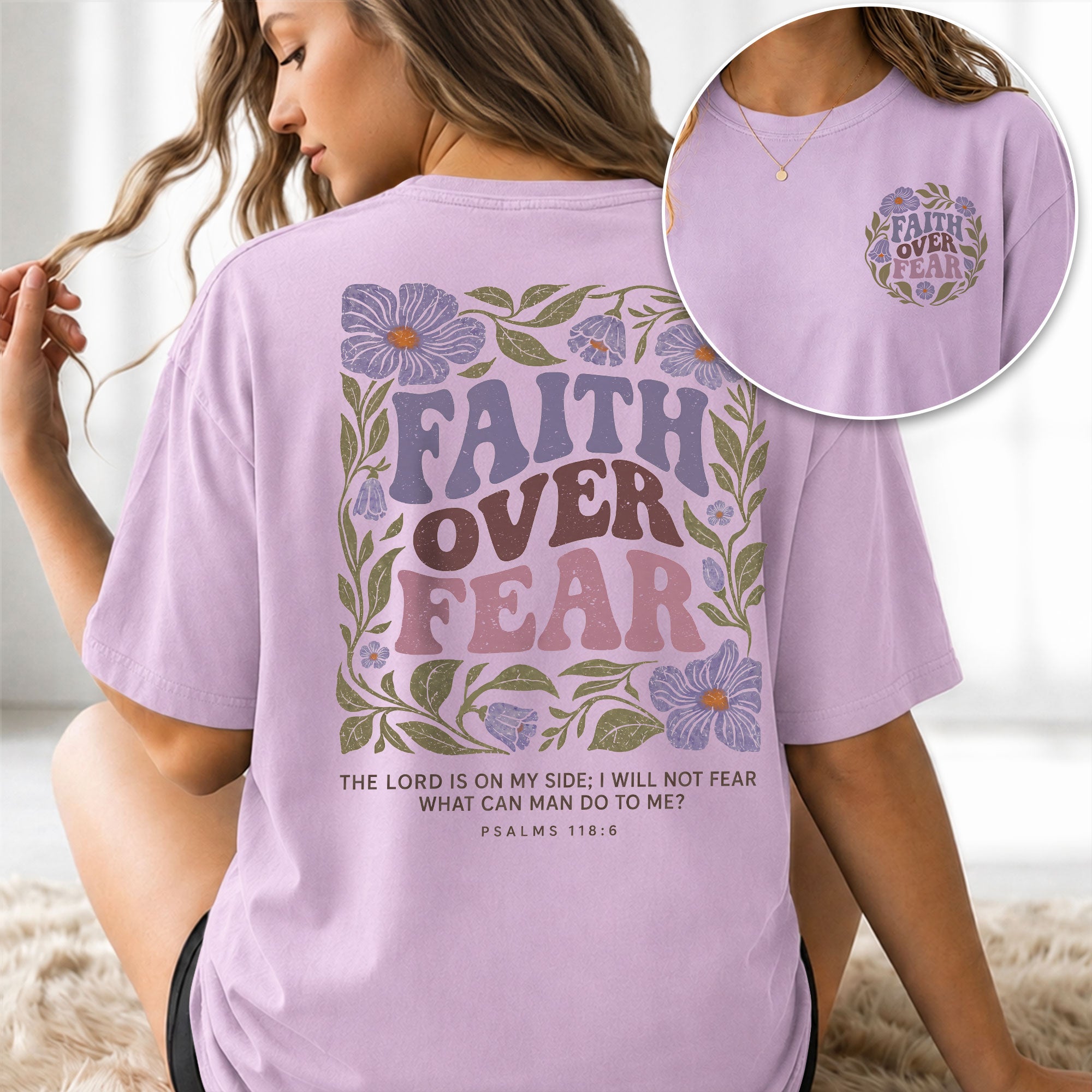Faith Over Fear Christian Women Shirt Purple Floral Bible Verse T-Shirt Psalms 118:6 - Rust Field Wear