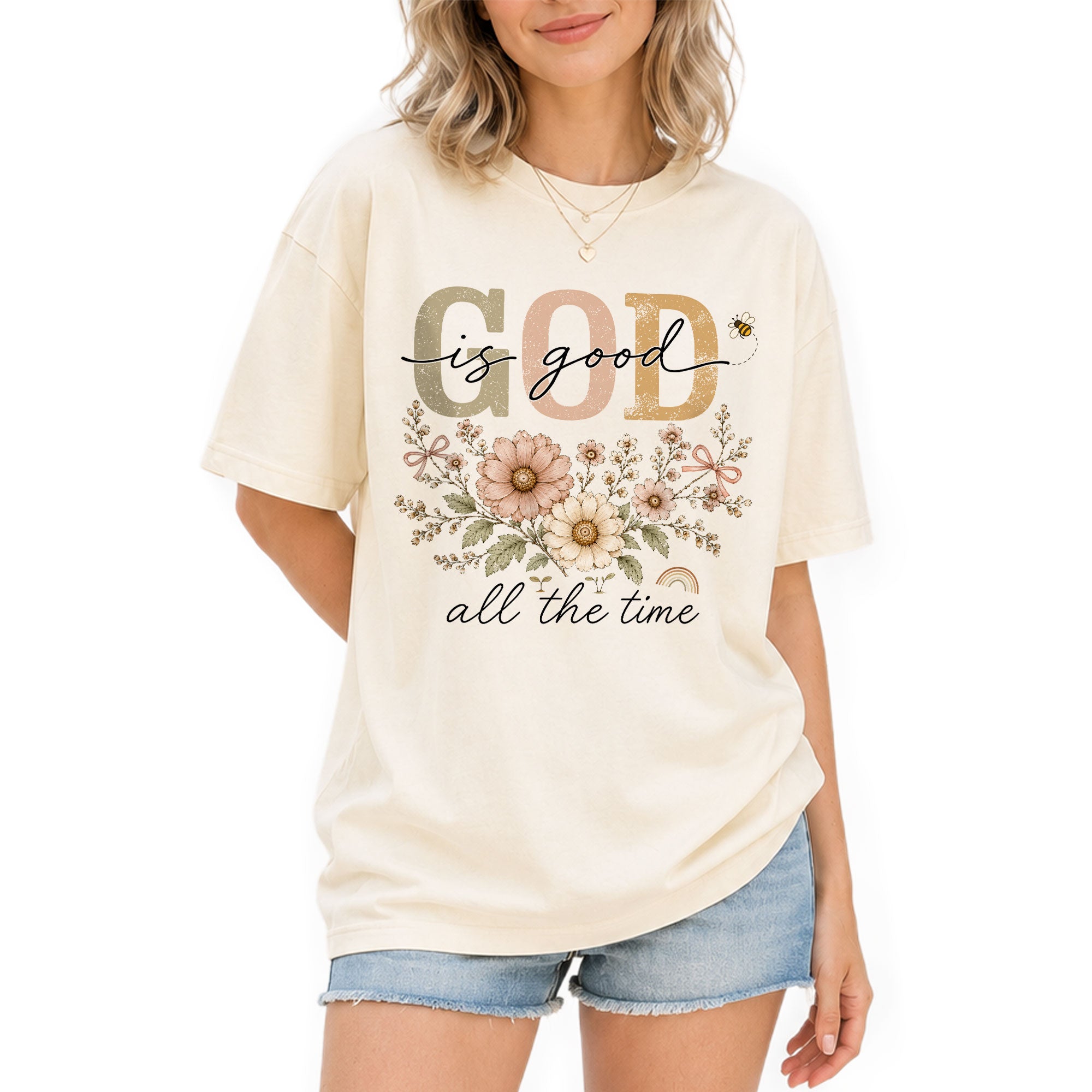 God Is Good All The Time T Shirt Christian Women Floral Bee Religious Tee Apparel