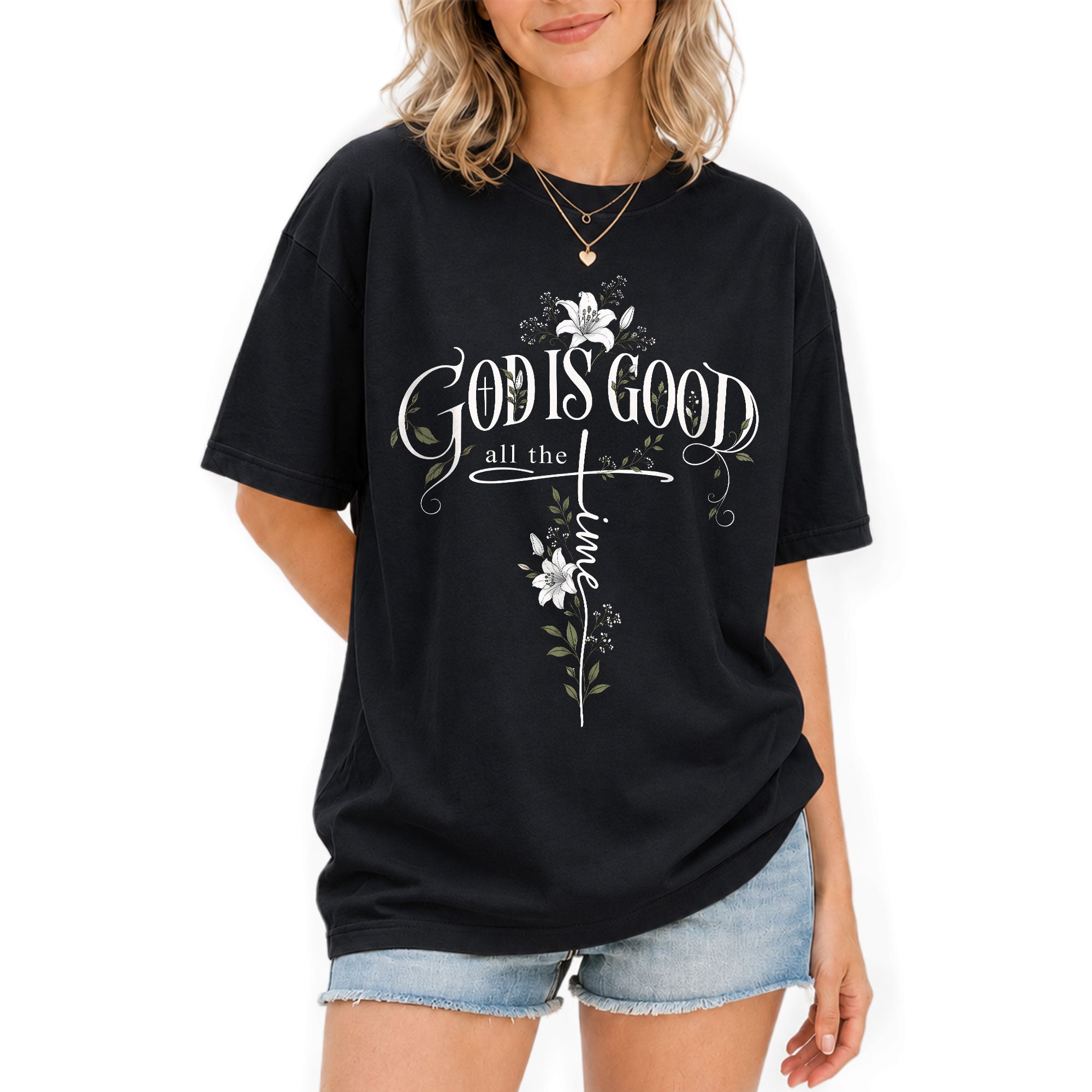 God Is Good All The Time Cross Floral Christian Graphic Casual Crewneck Tee Women
