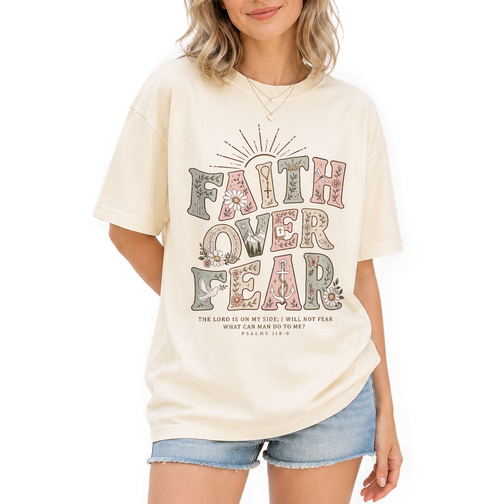 Faith Over Fear Psalms Scripture Christian Graphic Oversized Tee Shirt For Women
