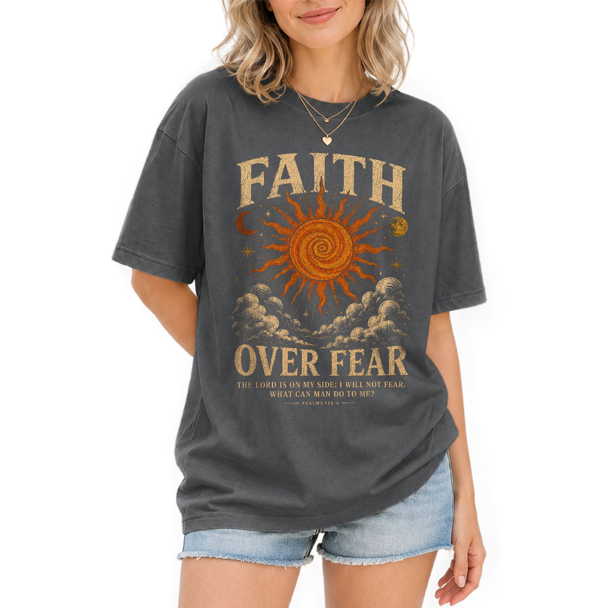 Faith Over Fear T Shirt Christian Women Sun Moon Clouds Psalm 118 6 Religious Tee - Rust Field Wear