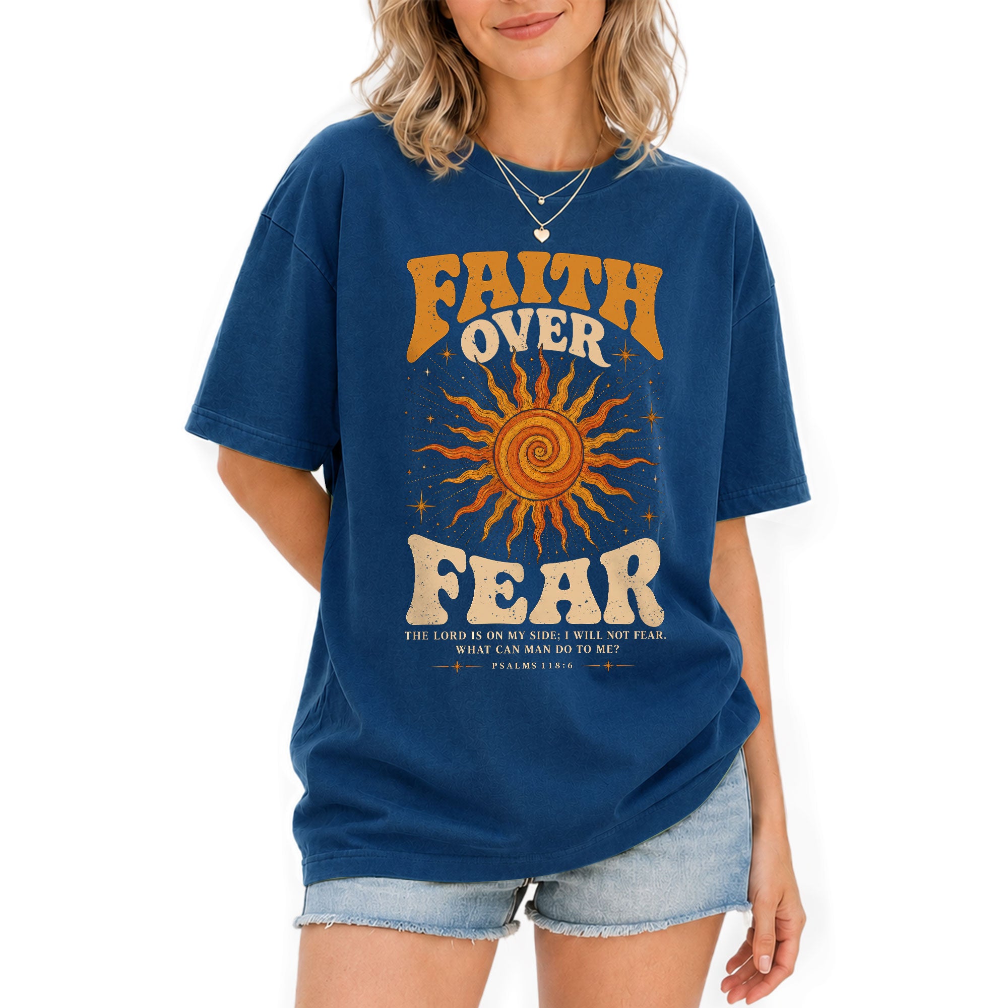 Faith Over Fear T Shirt Christian Women Retro Sun Stars Psalm 118 6 Religious Tee - Rust Field Wear