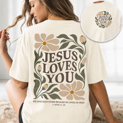 Jesus Loves You Retro Floral 1 John 4 19 Scripture Christian T Shirt Apparel Women - Rust Field Wear