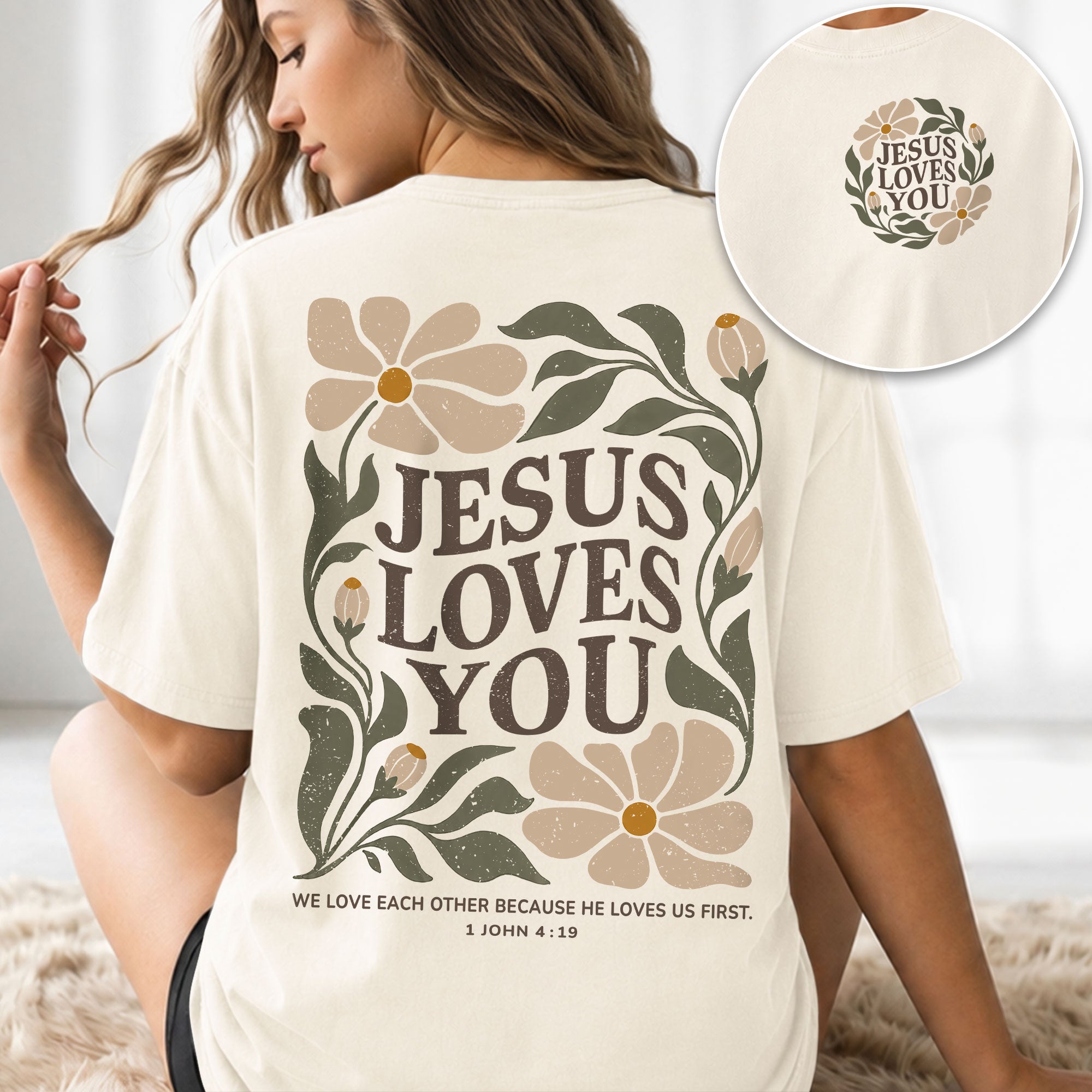 Jesus Loves You Retro Floral 1 John 4 19 Scripture Christian T Shirt Apparel Women - Rust Field Wear