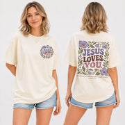Jesus Loves You Retro Purple Floral 1 John 4 19 Christian T Shirt Apparel Women Top