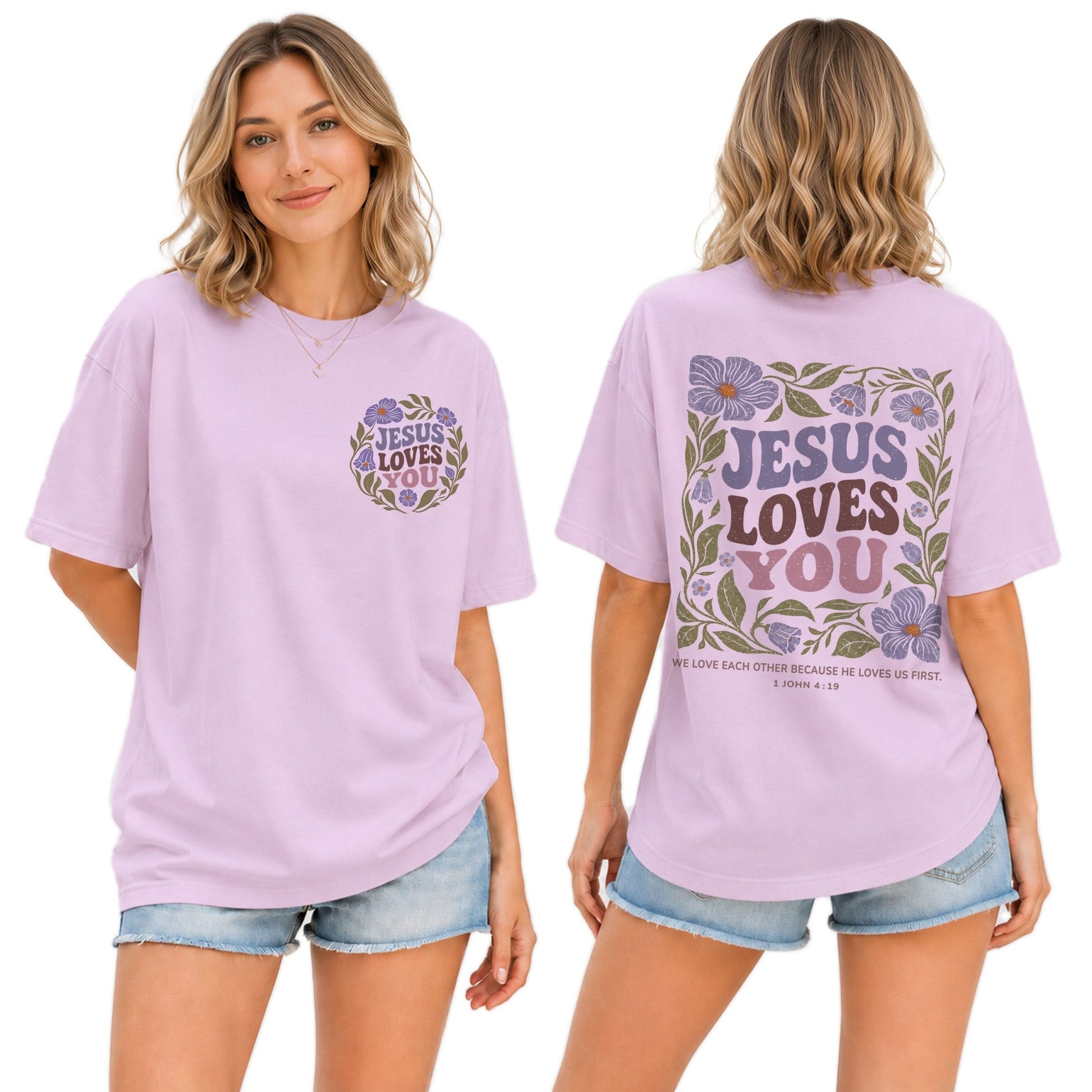 Jesus Loves You Retro Purple Floral 1 John 4 19 Christian T Shirt Apparel Women Top - Rust Field Wear