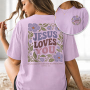 Jesus Loves You Retro Purple Floral 1 John 4 19 Christian T Shirt Apparel Women Top upsale
