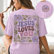 Jesus Loves You Retro Purple Floral 1 John 4 19 Christian T Shirt Apparel Women Top - Rust Field Wear