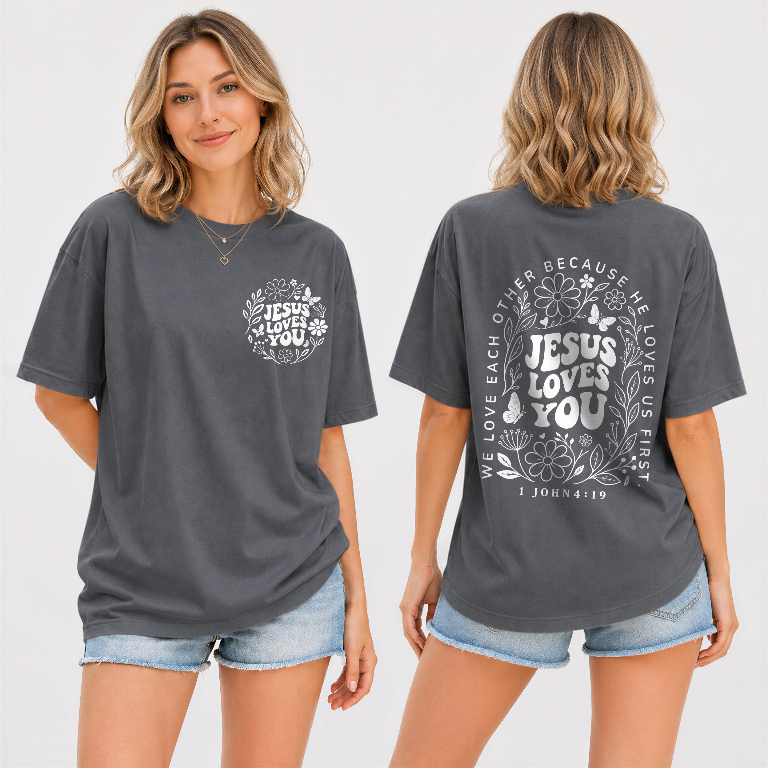 Jesus Loves You Retro Butterfly Floral 1 John 4 19 Christian T Shirt Apparel Women