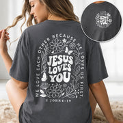 Jesus Loves You Retro Butterfly Floral 1 John 4 19 Christian T Shirt Apparel Women - Rust Field Wear