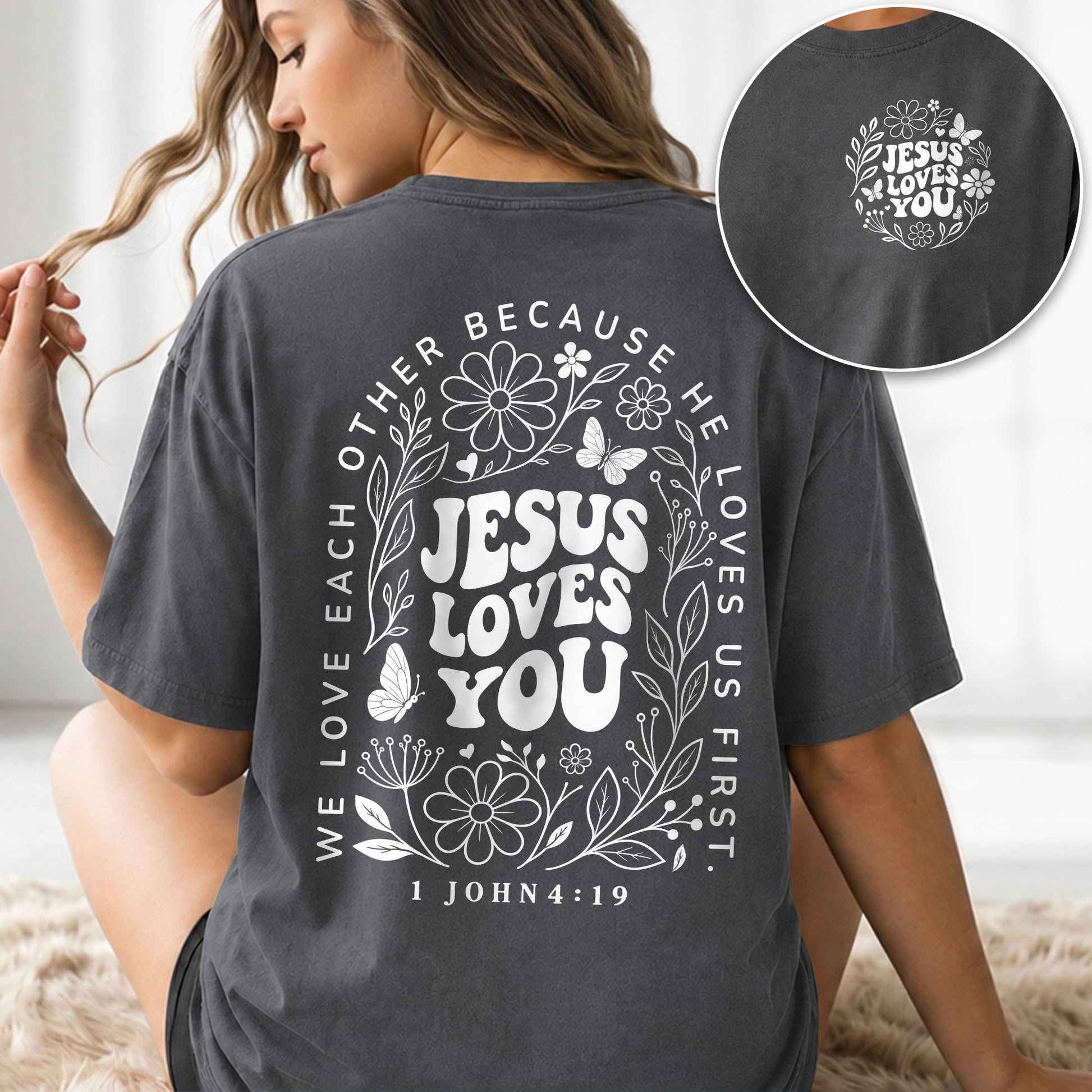 Jesus Loves You Retro Butterfly Floral 1 John 4 19 Christian T Shirt Apparel Women - Rust Field Wear