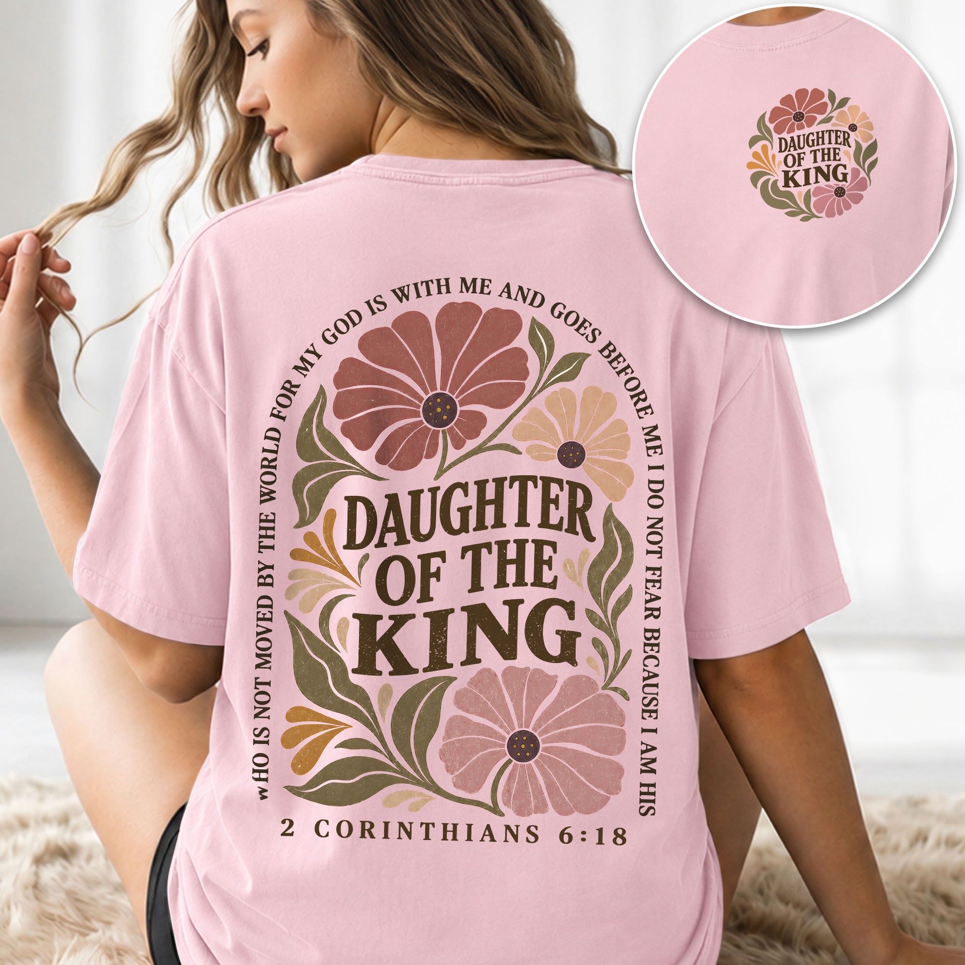 Daughter Of The King T-Shirt Christian Retro Floral Bible Verse Women Graphic Tee - Rust Field Wear