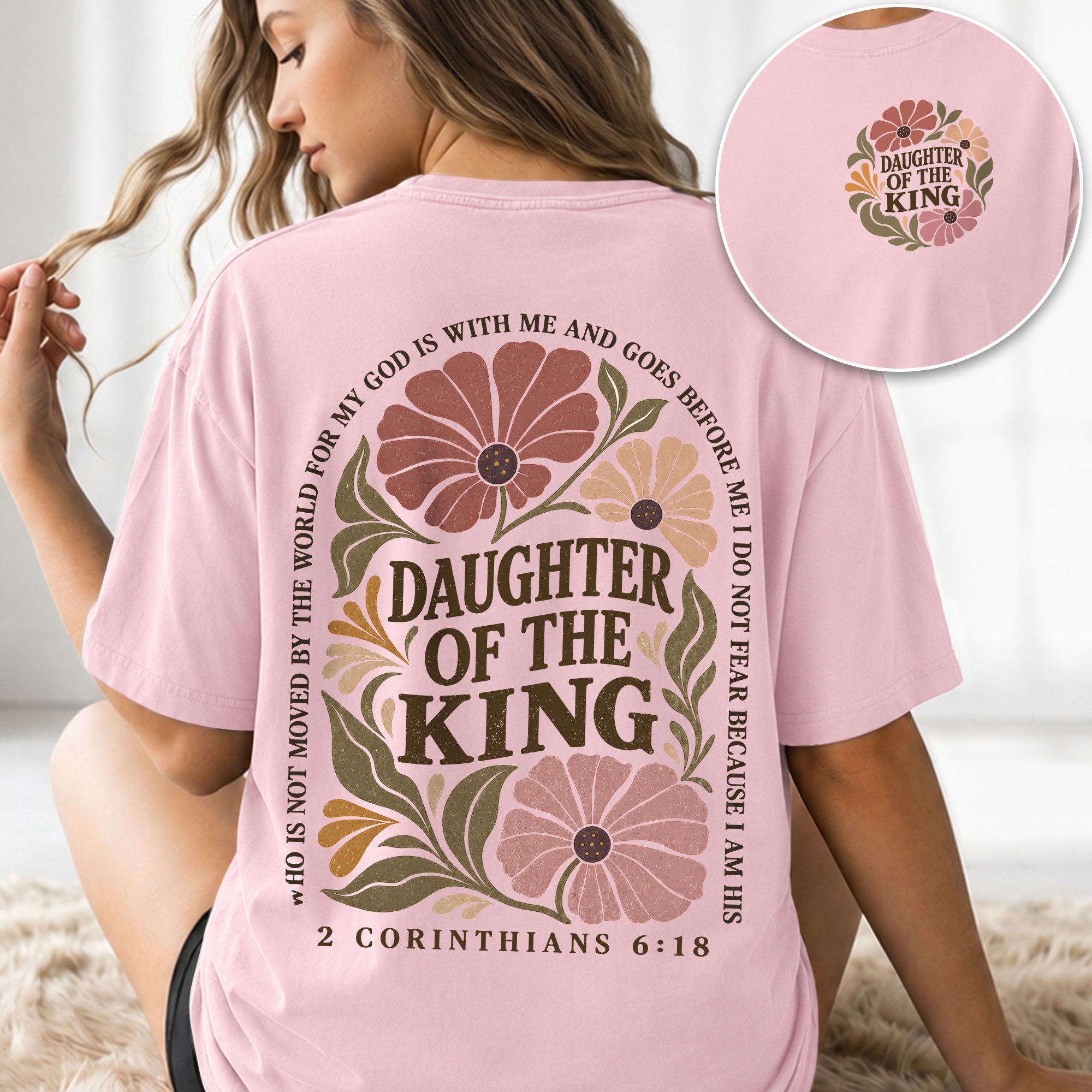 Daughter Of The King T-Shirt Christian Retro Floral Bible Verse Women Graphic Tee - Rust Field Wear