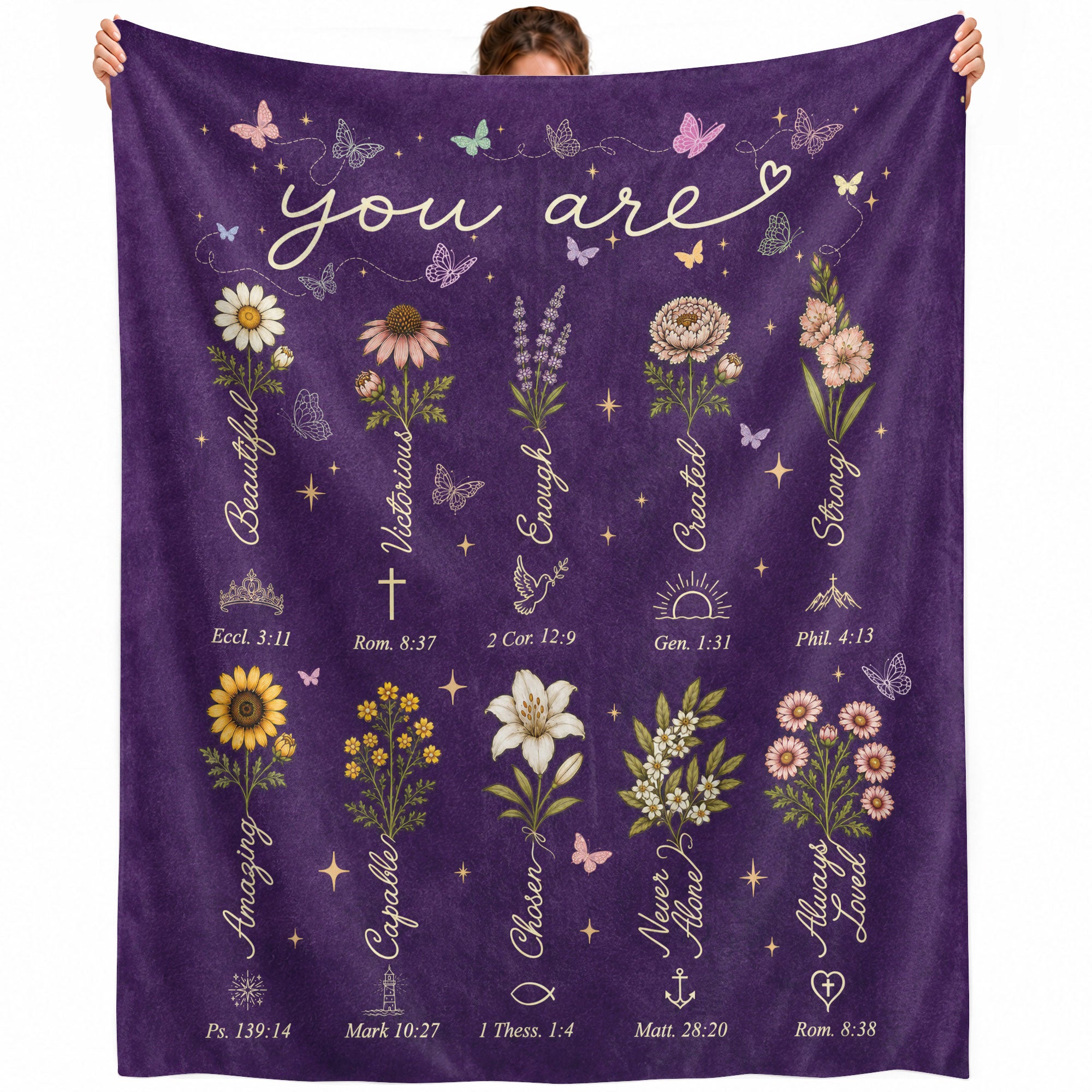 God Says You Are Blanket Purple Floral Christian Scripture Flannel Throw Blanket