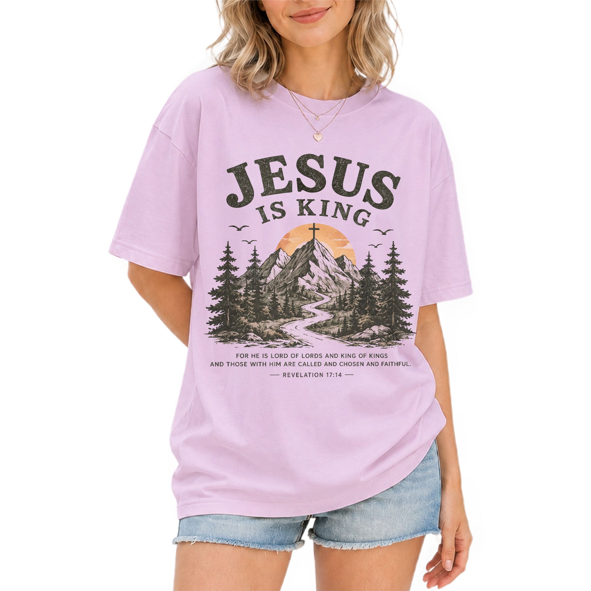 Jesus Is King Mountain Cross Trees Revelation 17 14 Graphic Christian T Shirt Women