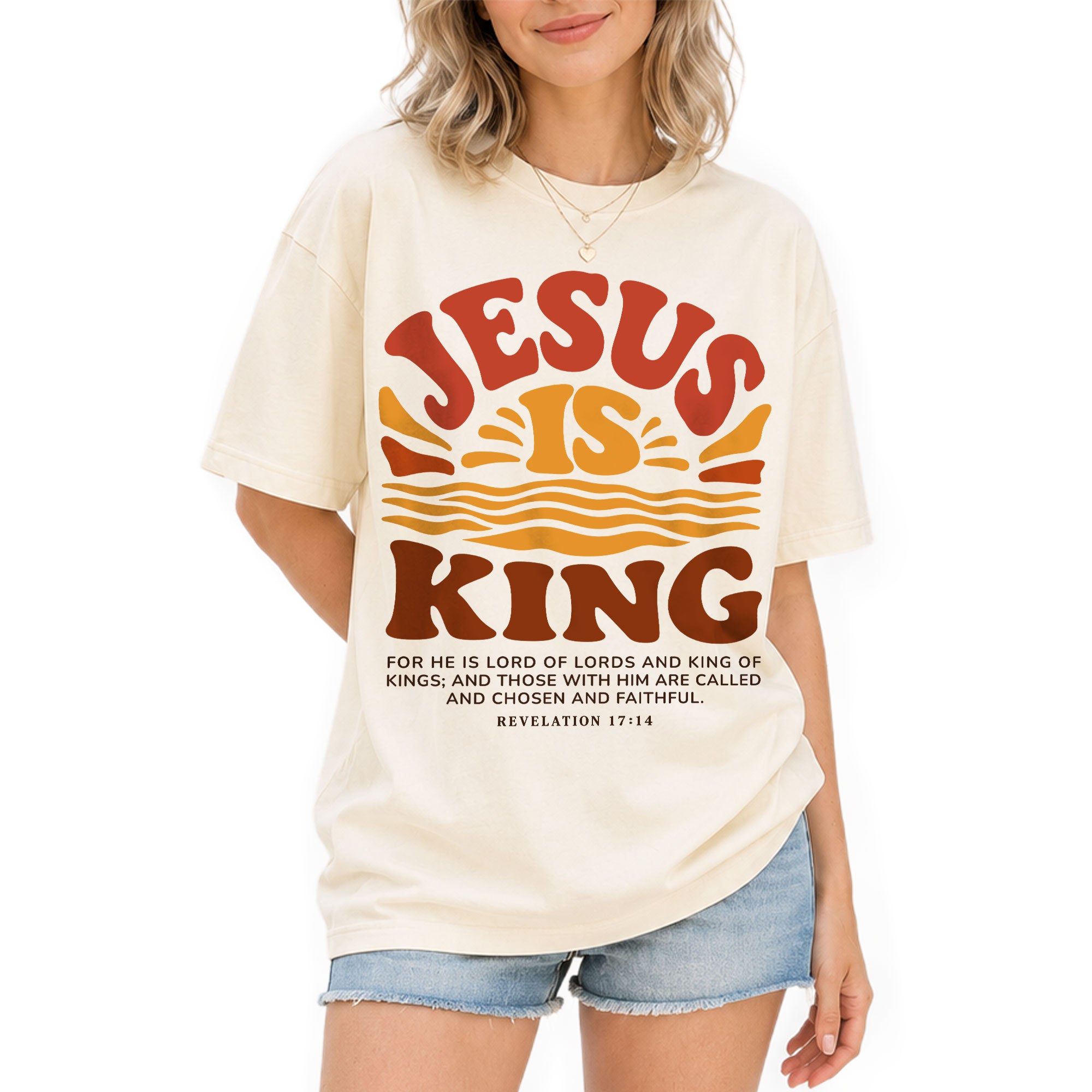 Jesus Is King Retro Sunset Waves Revelation 17 14 Graphic Christian T Shirt Women