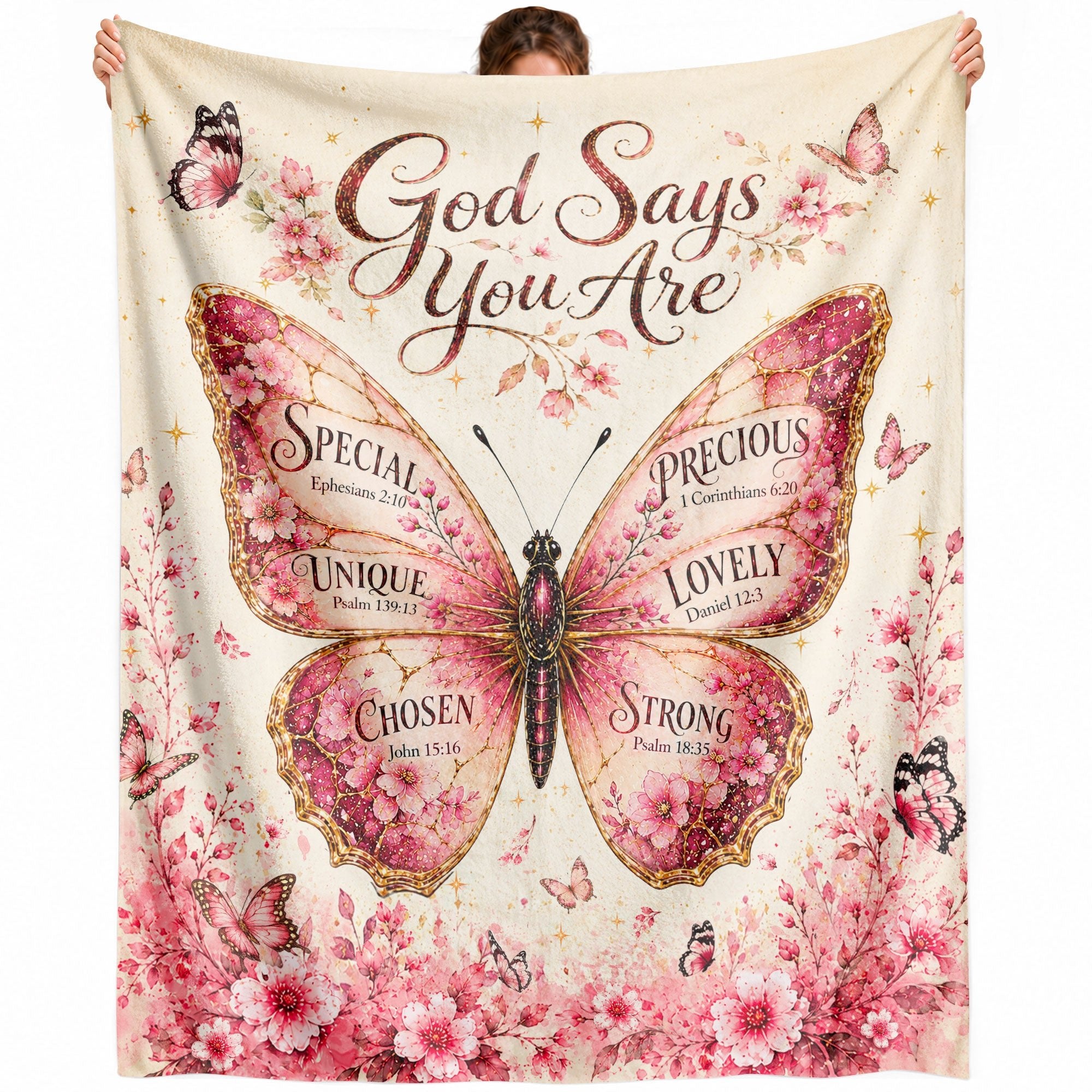 God Says You Are Pink Butterfly Blanket with Bible Verses Christian Floral Faith - Rust Field Wear