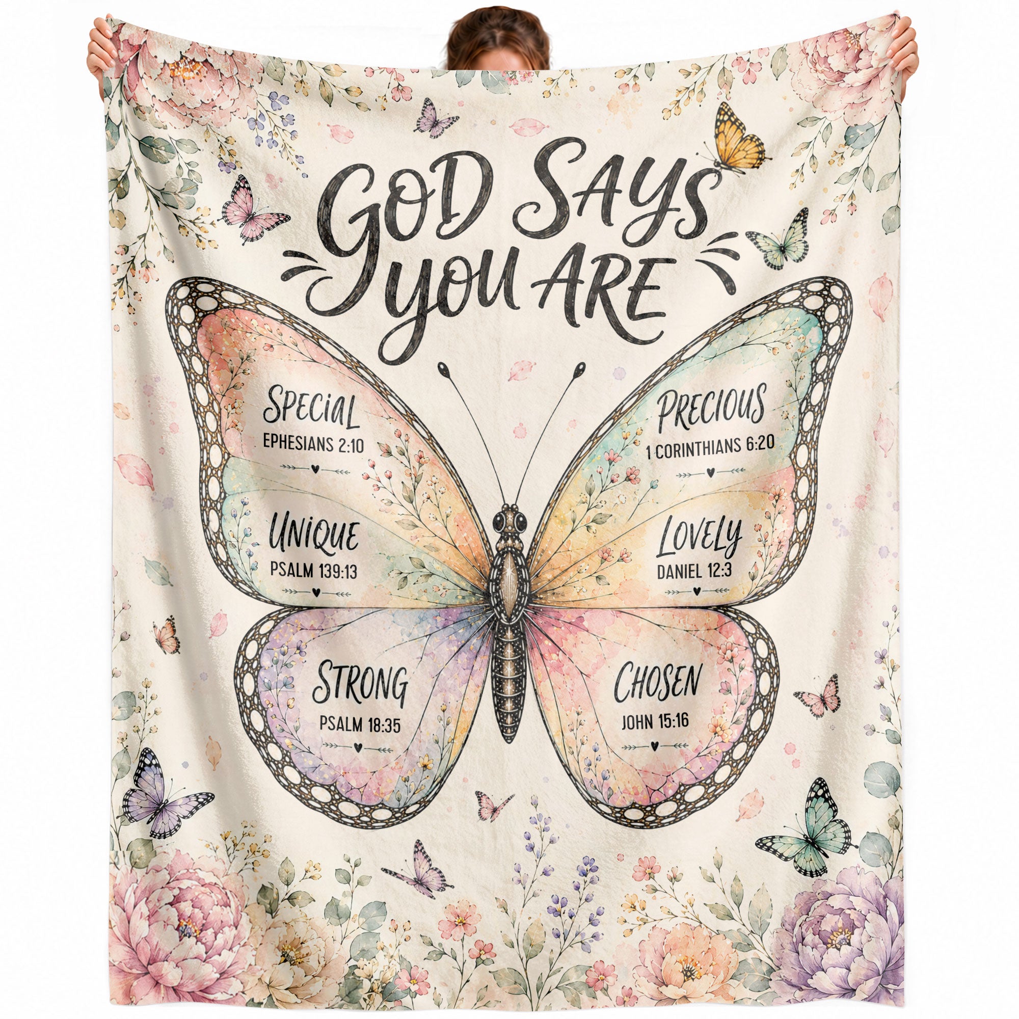 God Says You Are Butterfly Blanket with Bible Verses Christian Floral Faith Inspiration