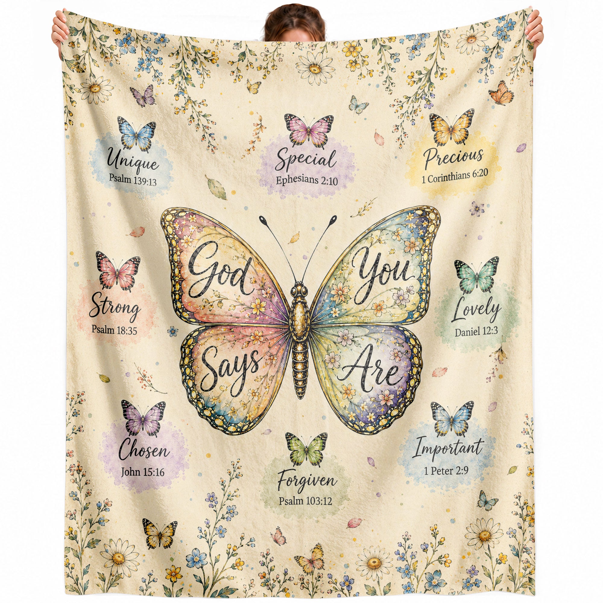 God Says You Are Butterfly Blanket with Bible Verses and Christian Floral Artwork