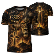 Jesus The Way The Truth The Life Lion Warrior Cross Christian 3D Graphic Tee Shirt Men