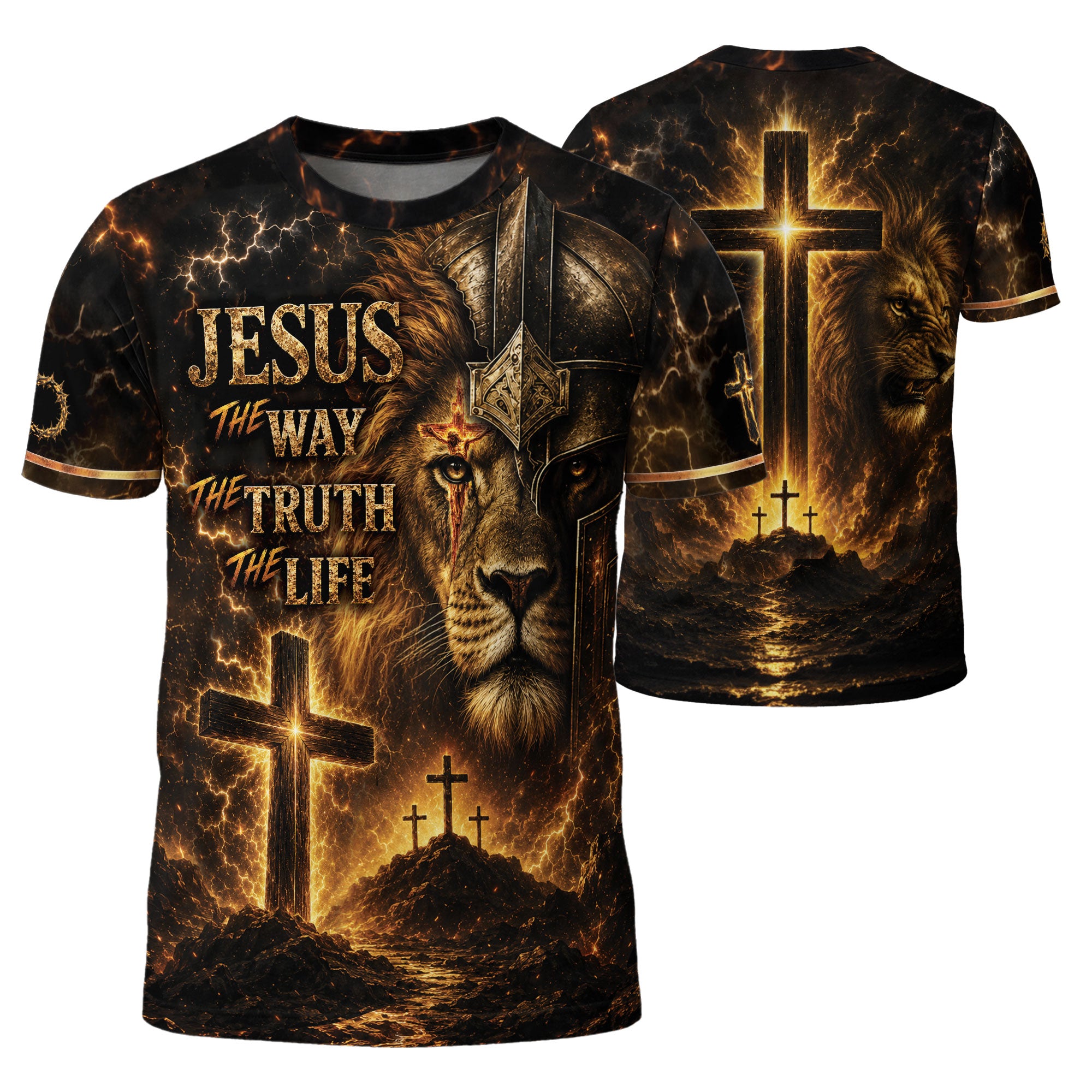 Jesus The Way The Truth The Life Lion Warrior Cross Christian 3D Graphic Tee Shirt Men