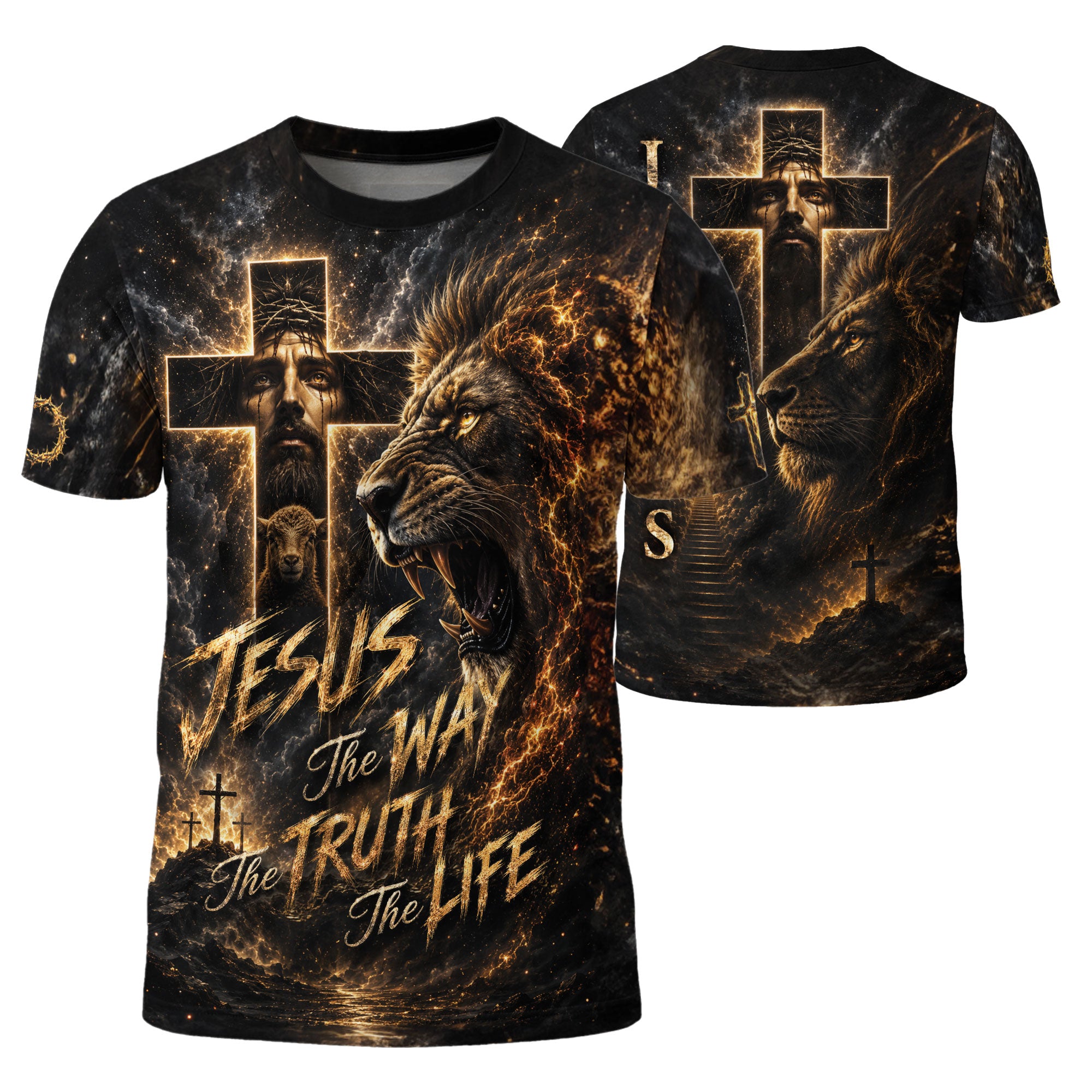 Jesus The Way The Truth The Life Lion Lamb Cross Christian 3D Graphic Tee Shirt Men
