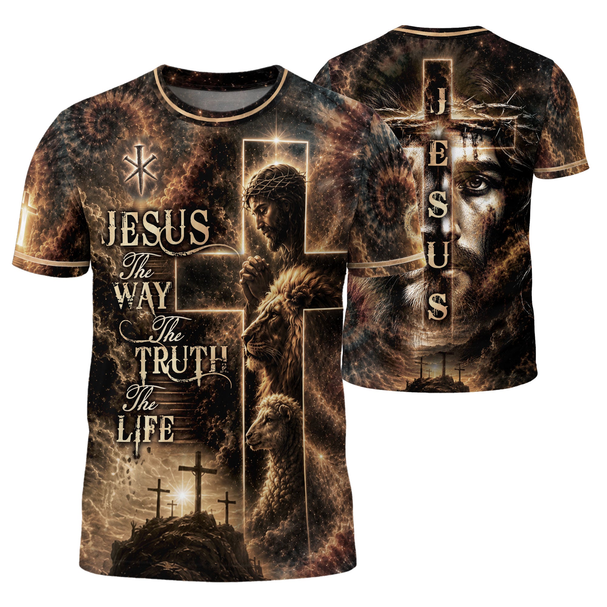 Jesus The Way The Truth The Life Christian Lion Lamb Cross 3D Graphic Shirt for Men