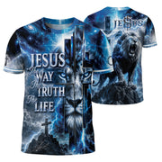 Jesus The Way The Truth The Life Blue Lion Cross Christian 3D Graphic Tee Shirt Men