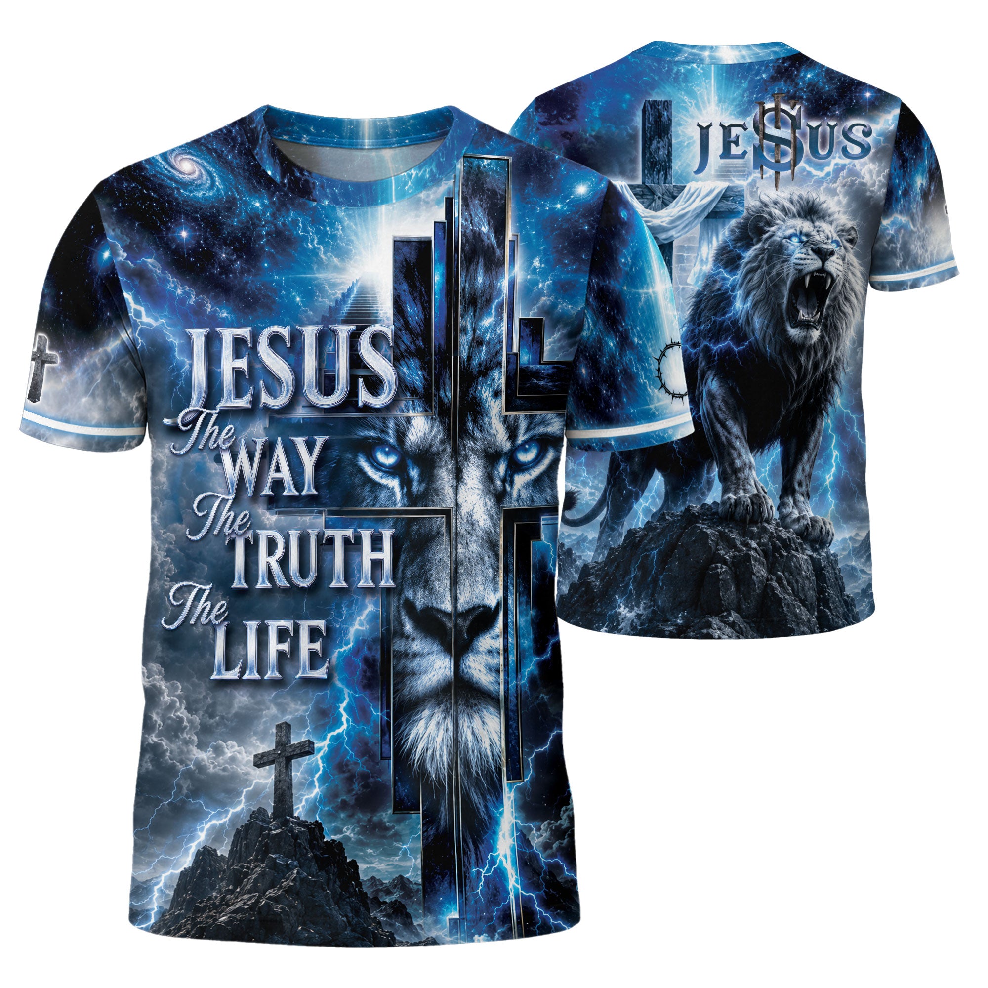 Jesus The Way The Truth The Life Blue Lion Cross Christian 3D Graphic Tee Shirt Men